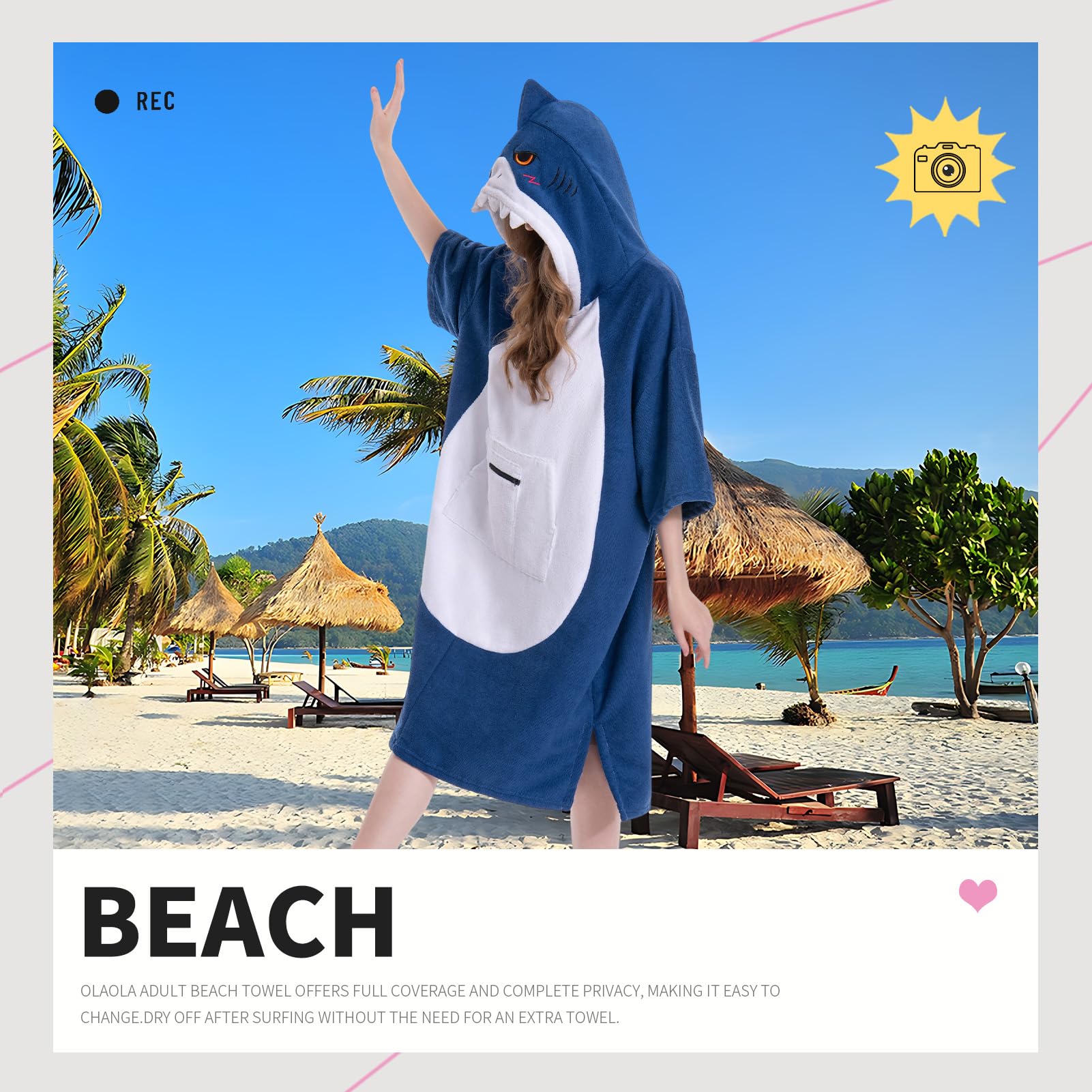 OLAOLA Surf Poncho Wickeltuch, Bademantel, Poncho mit Tasche, Übergröße, schnell trocknend, Frottee, Kapuze für Damen, Herren, Hai, Erwachsene