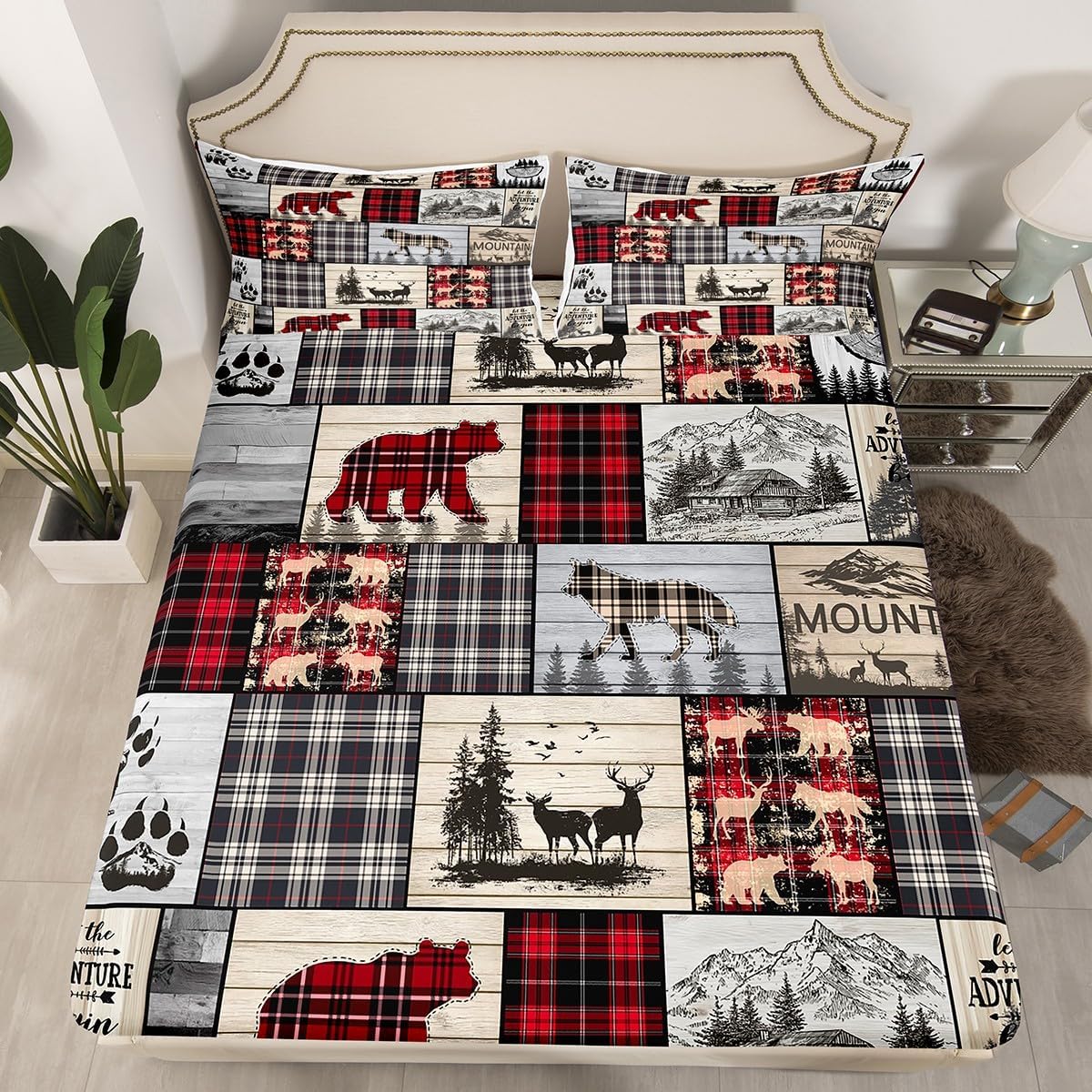 Rustic Cabin Bed Sheets Queen Woodland Wolf Deer Bear Sheet Set For Kids Adults,Red Black Buffalo Plaid Bedding Wildlife Camping Lodge Mountain Fitted Sheet Southwestern Farmhouse Flat Sheet 4 Pcs