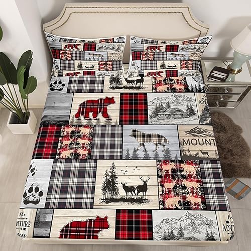 Miniatura 3 de Juego de sábanas rústicas de cabaña, tamaño King, bosque, lobo, ciervo, oso, para niños y adultos, ropa de cama a cuadros de búfalo rojo y negro,