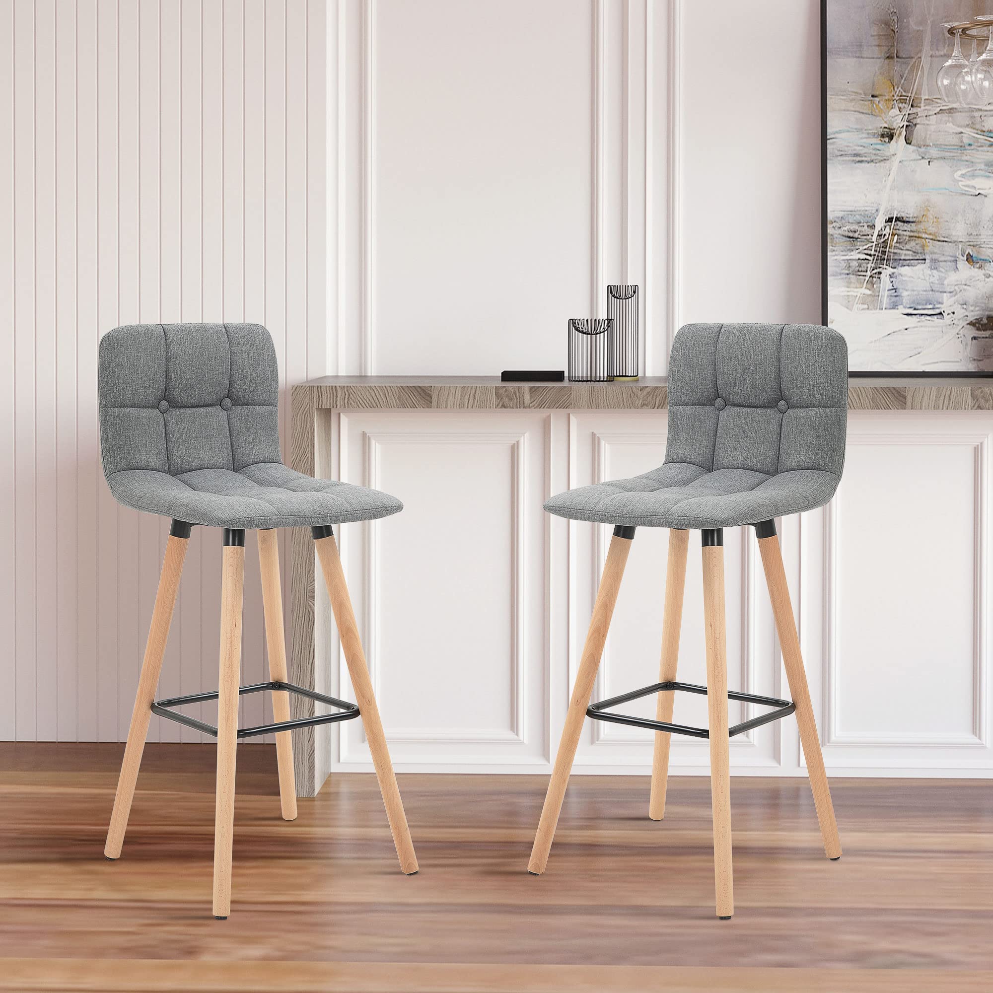 HOMCOM Juego de 2 Taburetes de Bar Taburetes Altos de Cocina Gris | Respaldo, Reposapiés, Patas de Madera, Estilo Moderno, Sillas Altas para Comedor, Salón, Bistró
