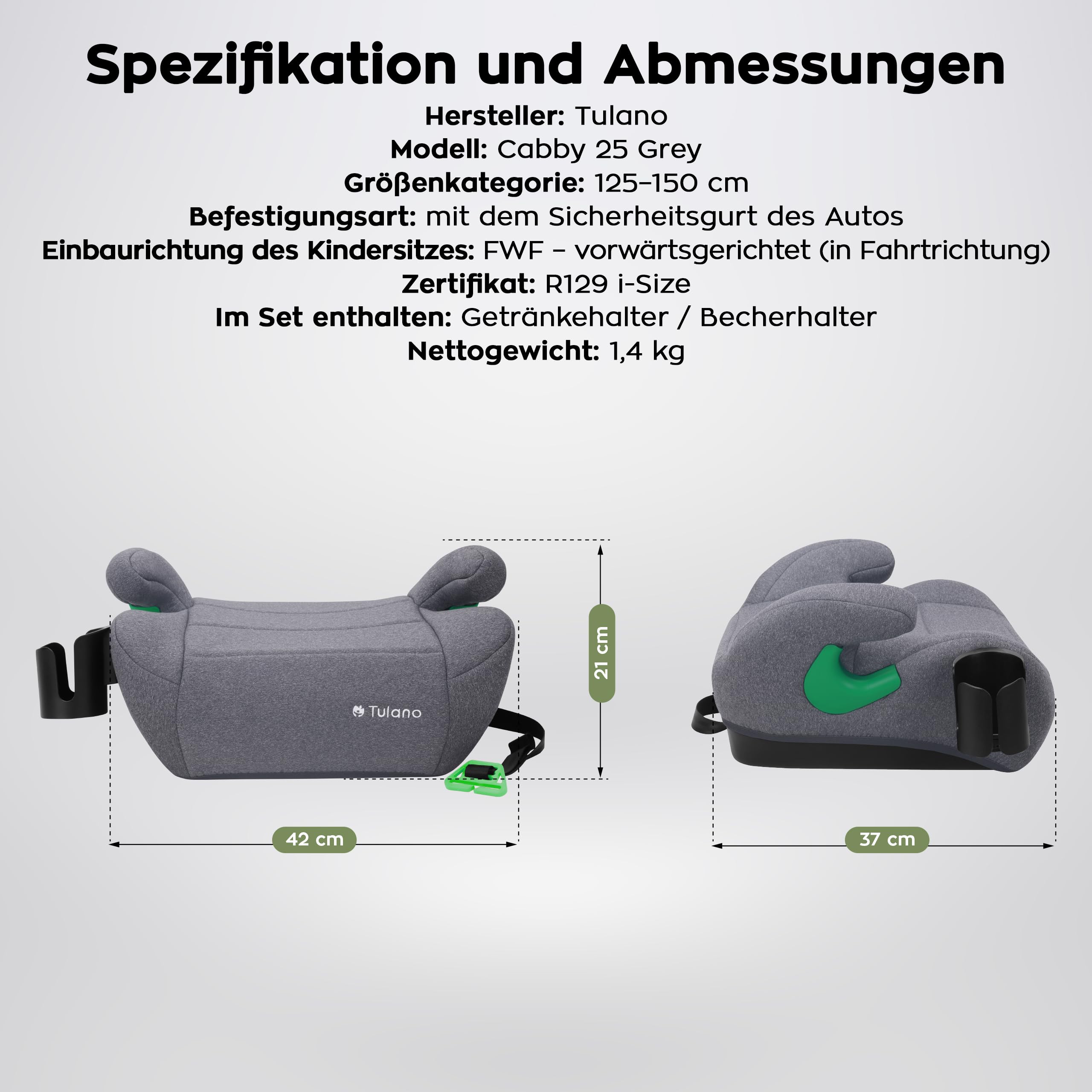 Tulano Cabby 25 Kindersitz Auto - i-Size ECE R129/03 - Autositz für Kinder | 125-150 cm - Sitzerhöhung mit Gurtführung - Sicherheitsführung - Bequeme Armlehnen - mit Getränkehalter – Schwarz