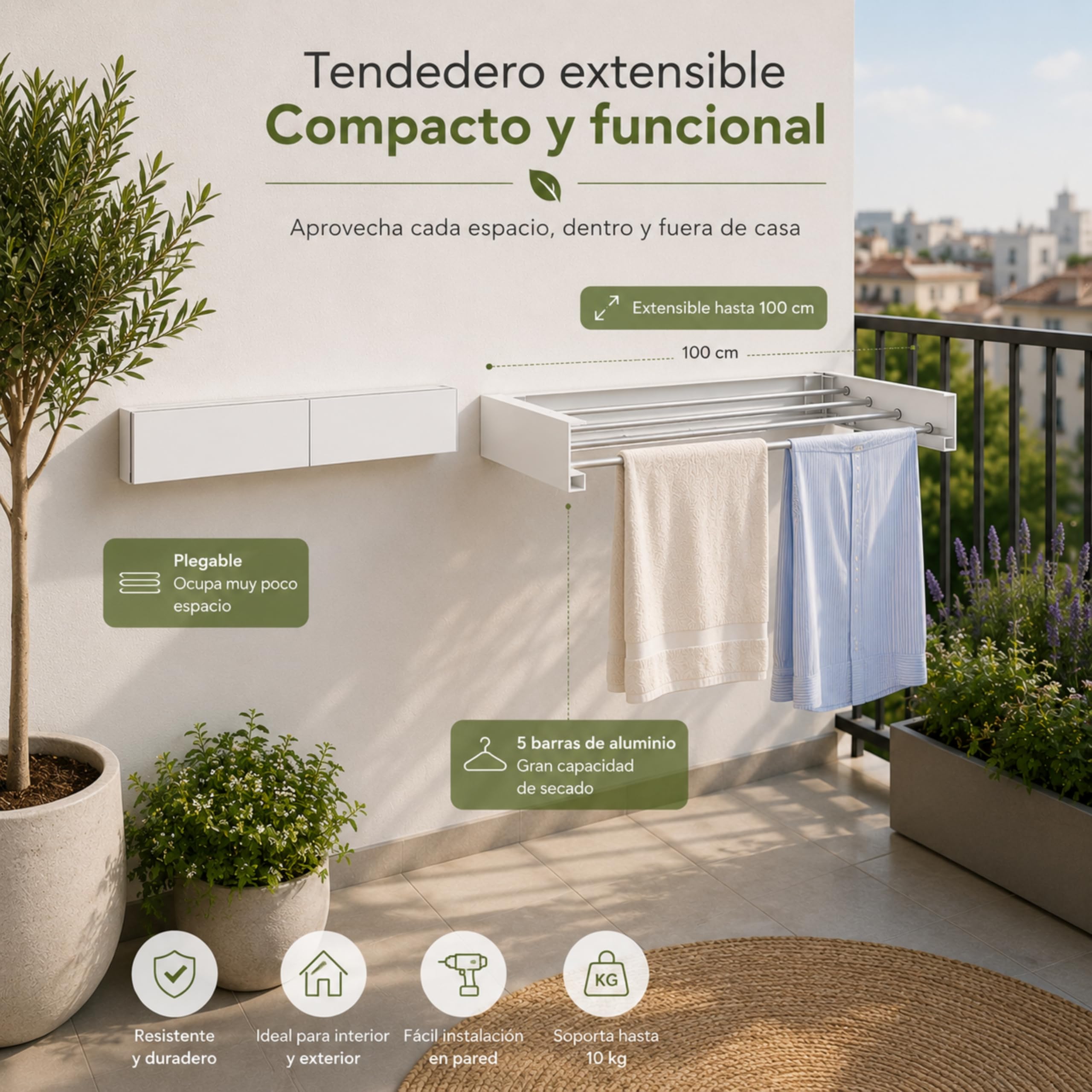 Tendedero Plegable de Pared Blanco 100 cm – Tendedero Extensible de Aluminio para Ropa, Interior y Exterior, Ahorro de Espacio, 6 Barras, Carga máxima 27 kg