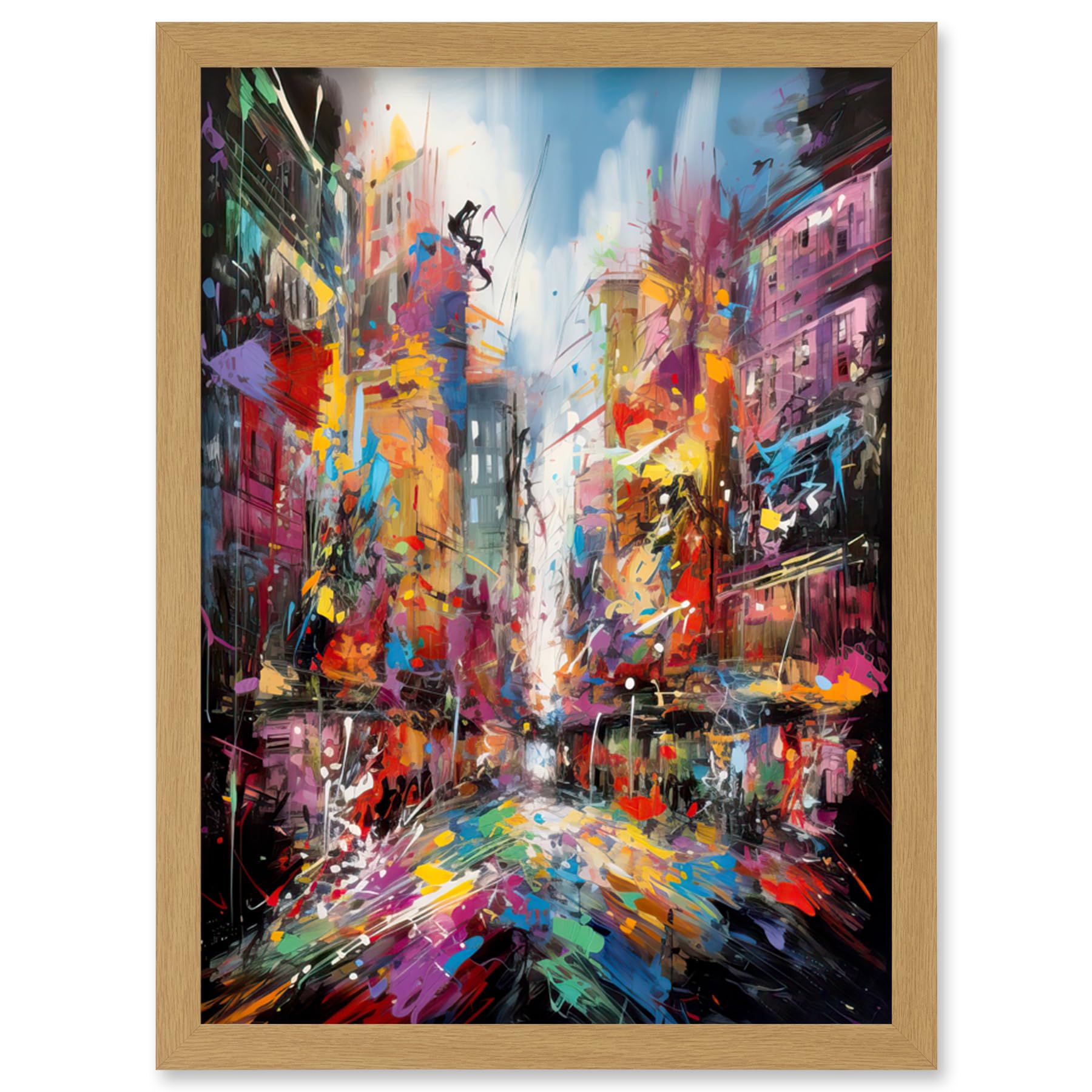 Artery8 Abstract City Street Modern Vibrant Cityscape Artwork Framed Wall Art Print A4
