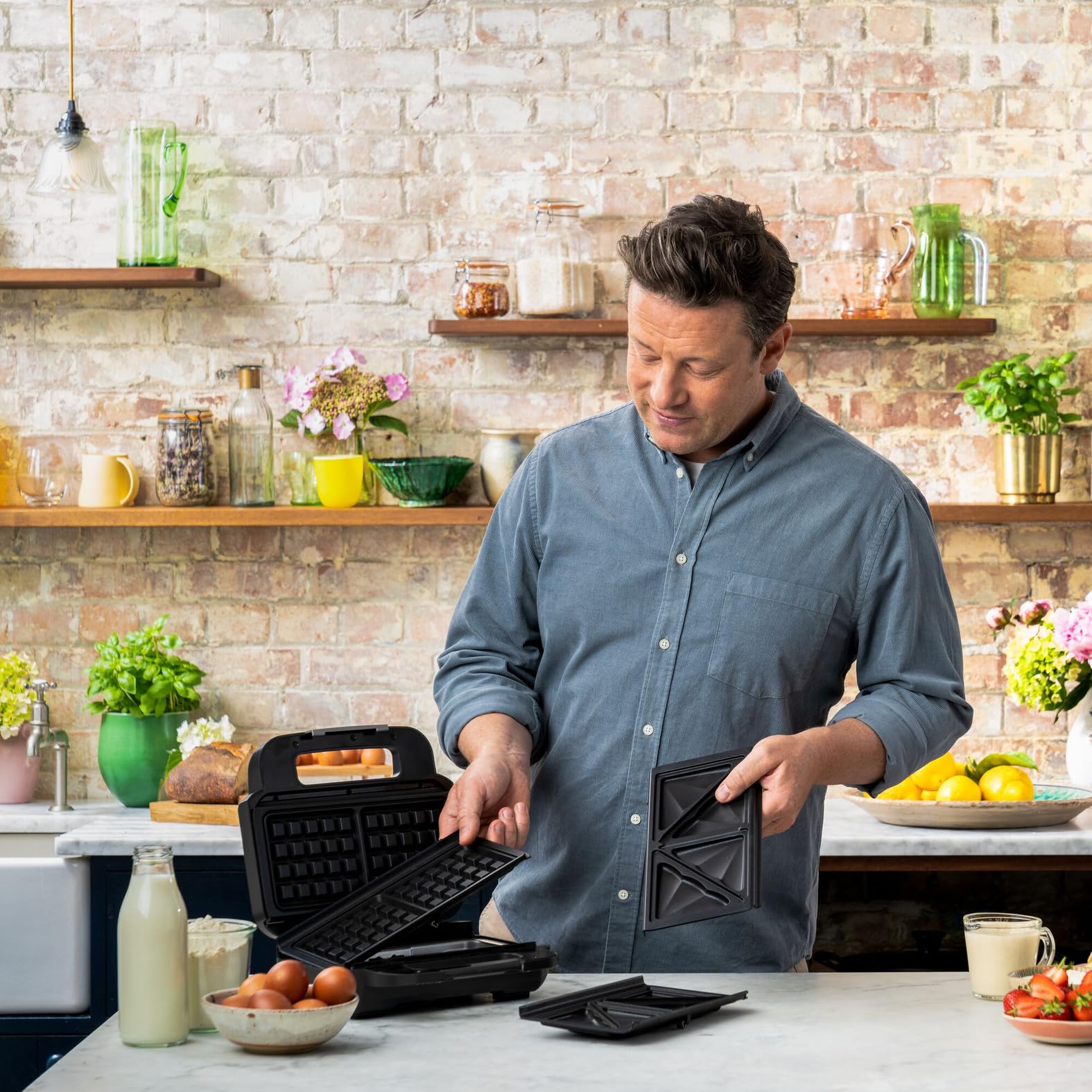 Tefal Jamie Oliver SW70J810 Opiekacz do kanapek i gofrownica 2 w 1, płyty nieprzywierające, można myć w zmywarce, lampka kontrolna pracy i temperatury, stal nierdzewna