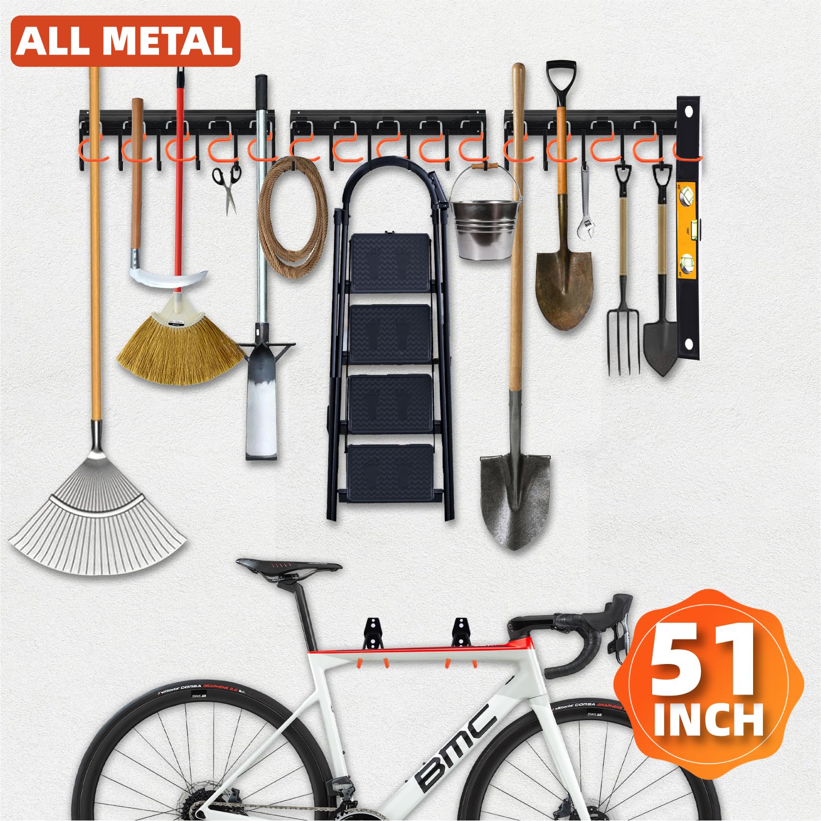51" Garaje organizador de pared con pequeño gancho en U para bicicletas, escaleras, sillas, escobas, rastrillos, palas (3 rieles)