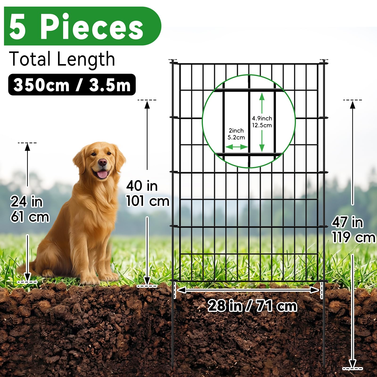 ARIFARO Valla Decorativa de Jardín de 5 Paneles de Longitud Total de 3,5 m (101 cm de Altura x 71 cm de Ancho) No Cavar Barrera de Animales de Esgrima para Conejos, Patio