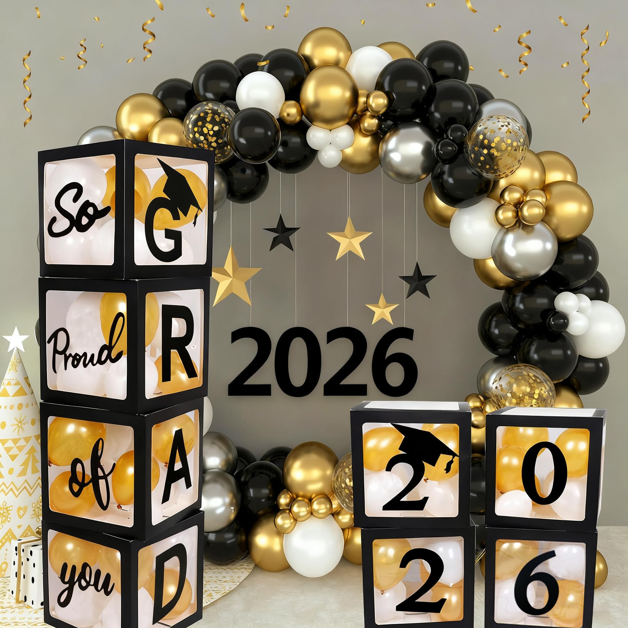 2025 2026 Graduation Decorations Party Supplies,4 Pieces Black Balloon Boxes for Graduation Party with Letter “GRAD 2025/6 So Proud of You ”, Class of 2025/6 School Grad Party Decorations