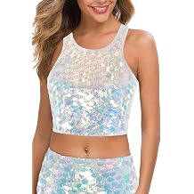 MANER Womens Contrast Sequin Crop Top Sparkle Club Tank Sleeveless Night Out Party Tops