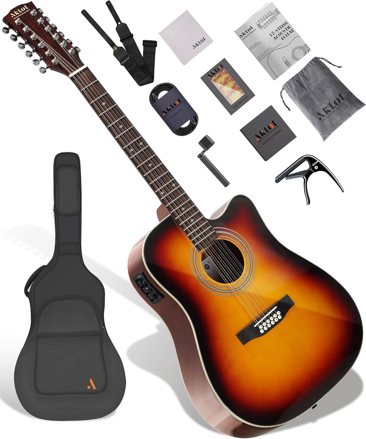 AKLOT 12-String Acoustic Electric Guitar: Mahogany Back and Sides with Spruce Top, 41-inch Cutaway Body, Built-in Pickup; Deluxe Set Includes Guitar Bag, Tuner, Cable, Capo, Strings & Picks (PL-SG)