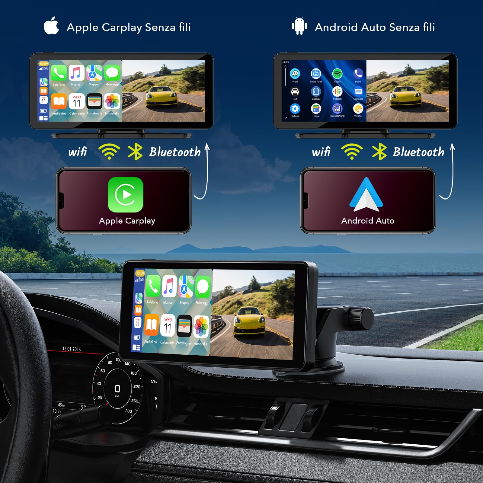 LAMTTO Schermo per Auto Carplay Wireless e Android Auto con 2.5K Dash Cam | 6,86 pollicicarplay display compatibile con Apple CarPlay e Android Auto, navigazione Assistente vocale, Bluetooth 5.0 AUX/FM