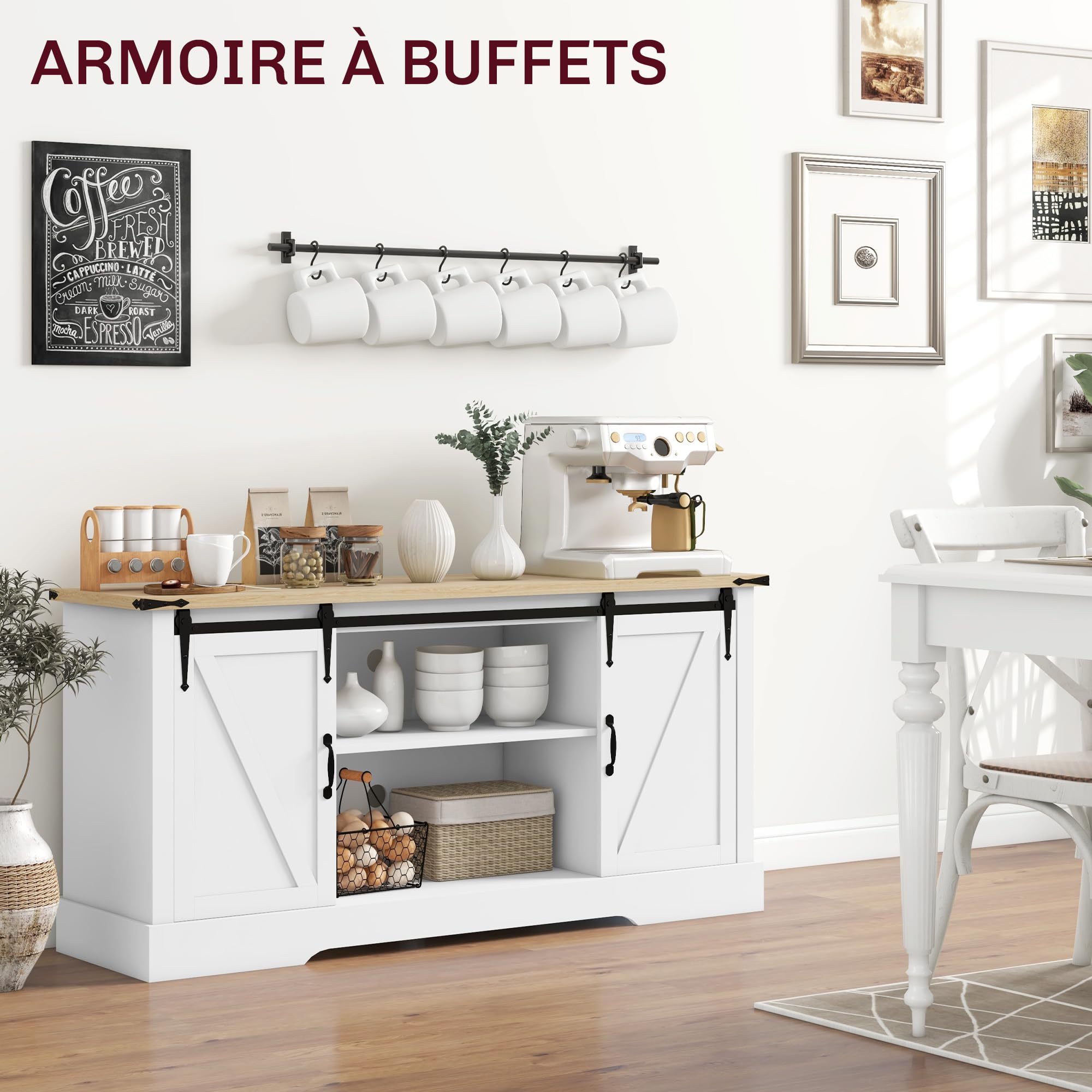 HOMCOM Credenza, mobile contenitore, con 2 ante scorrevoli, ripiani regolabili, per soggiorno, sala da pranzo, corridoio, 150L x 40D x 72H cm, legno, rovere bianco