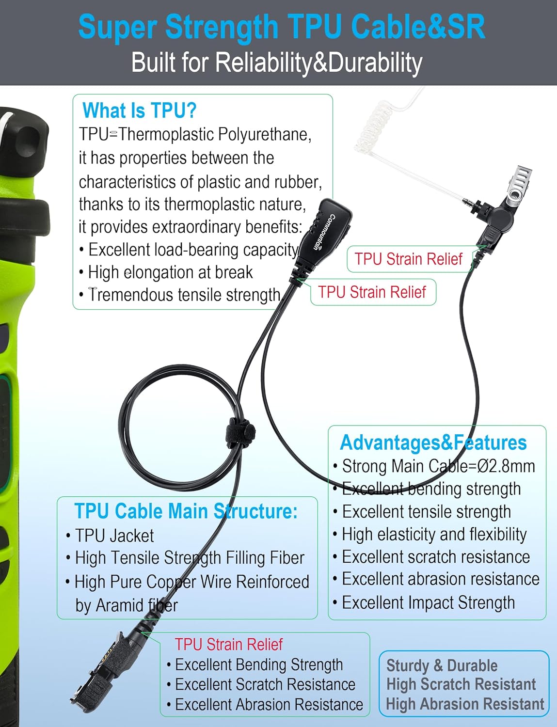 commountain XPR 3500e Earpiece with Mic Compatible with Motorola Radios XPR 3300e (3500, 3300) XPR3300e XPR3500e XPR3300 XPR3500, Acoustic Tube Headset with PTT Microphone