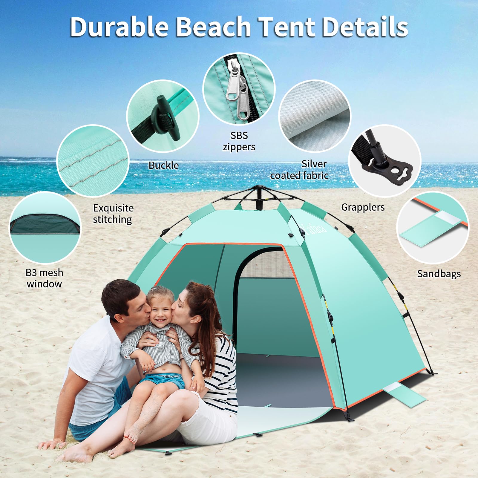 Yafaca Strandmuschel, 1-3 Personen Automatische Pop Up Zelt, Großes UV Schutz 50+ Sonnenschutz Tragbar Zwei Türen Leichtes Pop Up Strandzelt für Garten, Fischen, Picknick
