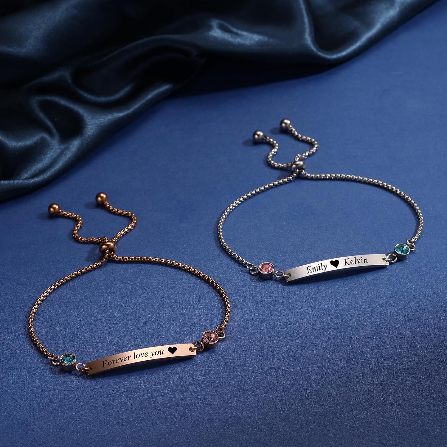 INBLUE Custom Name Bar Bracelet with Birthstone for Women Stainless Steel Adjustable Personalized ID Coordinate Engraved Bracelet Anniversary Customized Gift for Mom Girlfriend Sister