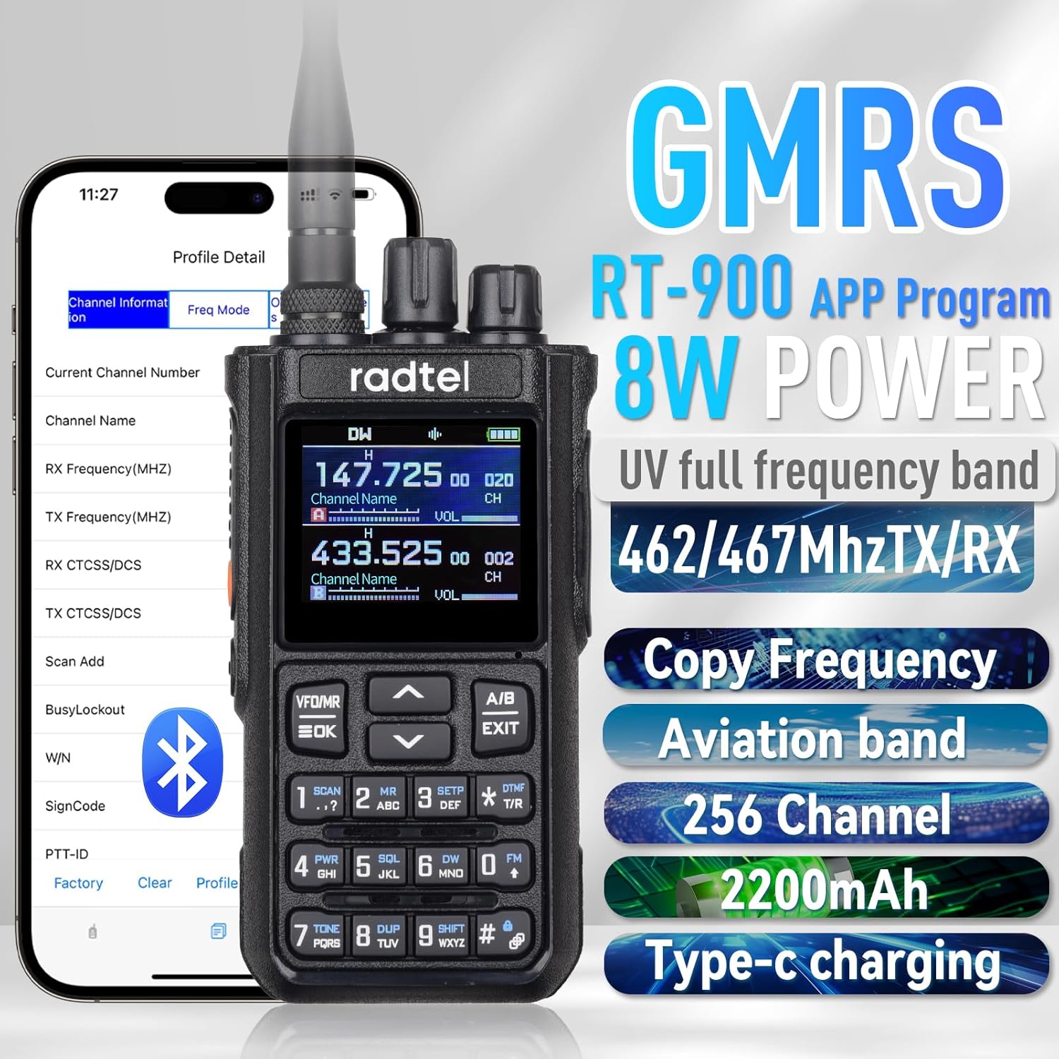 Radtel RT-900 GMRS Radio displaying a phone app programming interface on its screen, with a smartphone showing the app interface next to it.