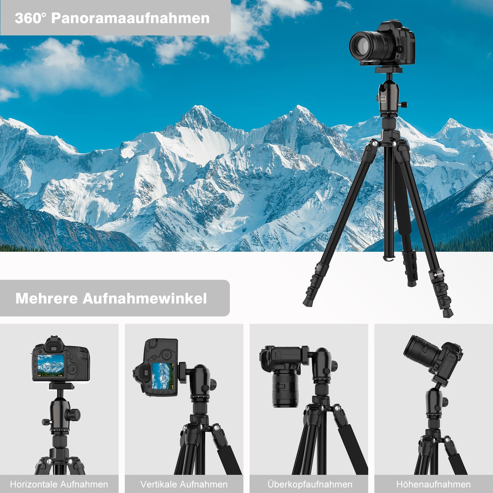 GEEKOTO Treppiede per fotocamera da 77", DSLR Camera Tripod in alluminio, con monopiede e testa a sfera panoramica a 360°, piastra a sgancio rapido 1/4 e custodia per treppiede per fotocamera reflex