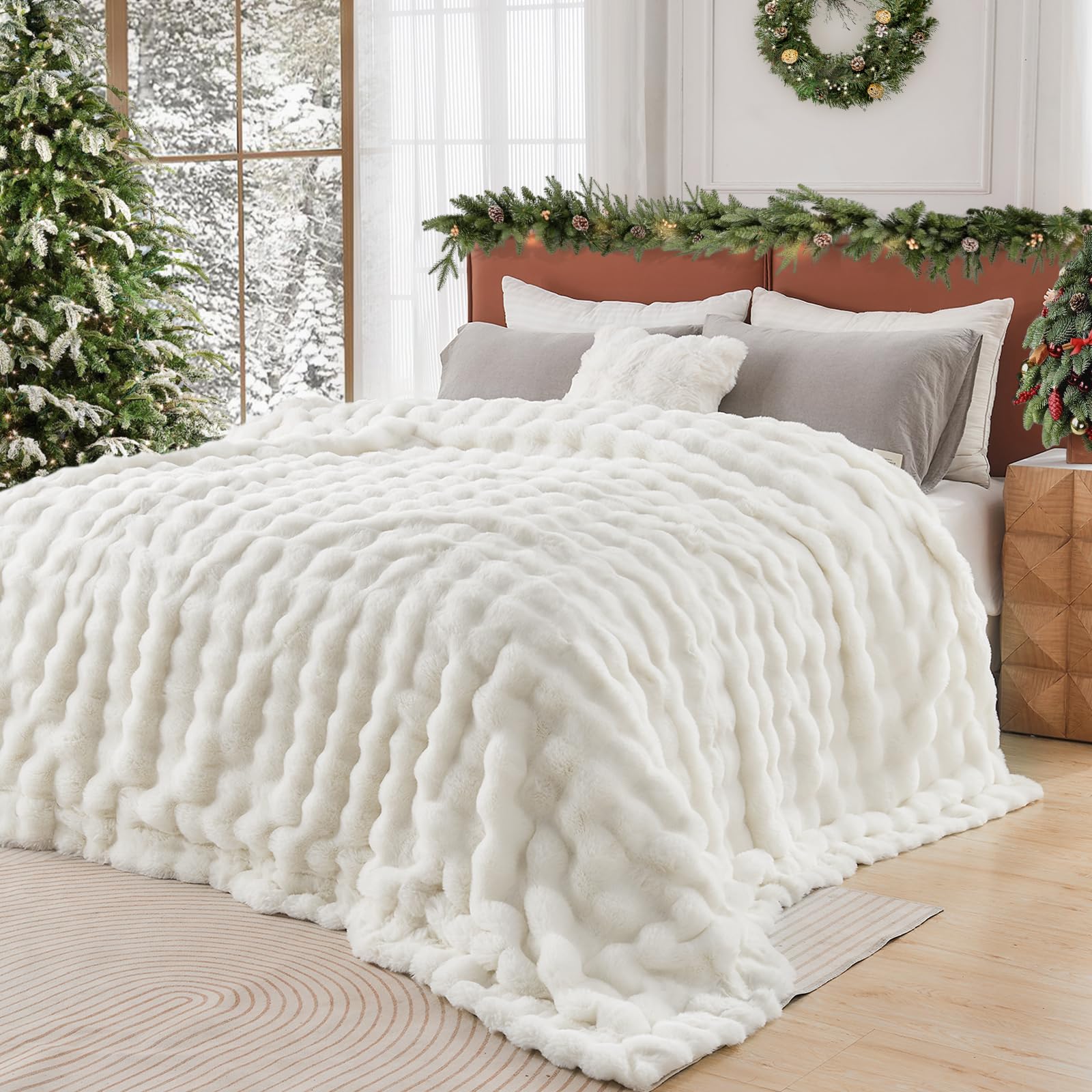 lotus karen king size faux fur blanket cream white - big bubble rabbit fluff throw for bed large fluffy fuzzy cozy thick furry plush shaggy blankets 108x90 inches