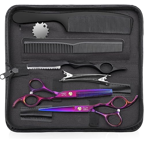 JASON Hair Scissors Professional - 10 PCS Haircut Scissors Set, Thinning Shears for Hair Cutting with 30 Teeth, Straight Shears for Men Women Home Salon Barber (6.7", Purple)