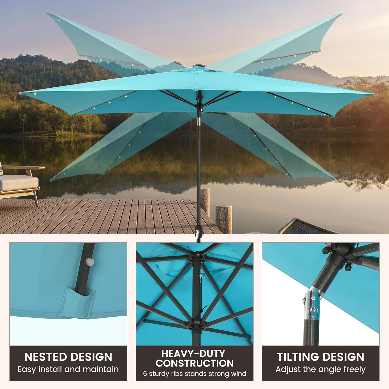 The umbrella canopy shown tilting at various angles, highlighting the tilting design and heavy-duty construction with 6 sturdy ribs.