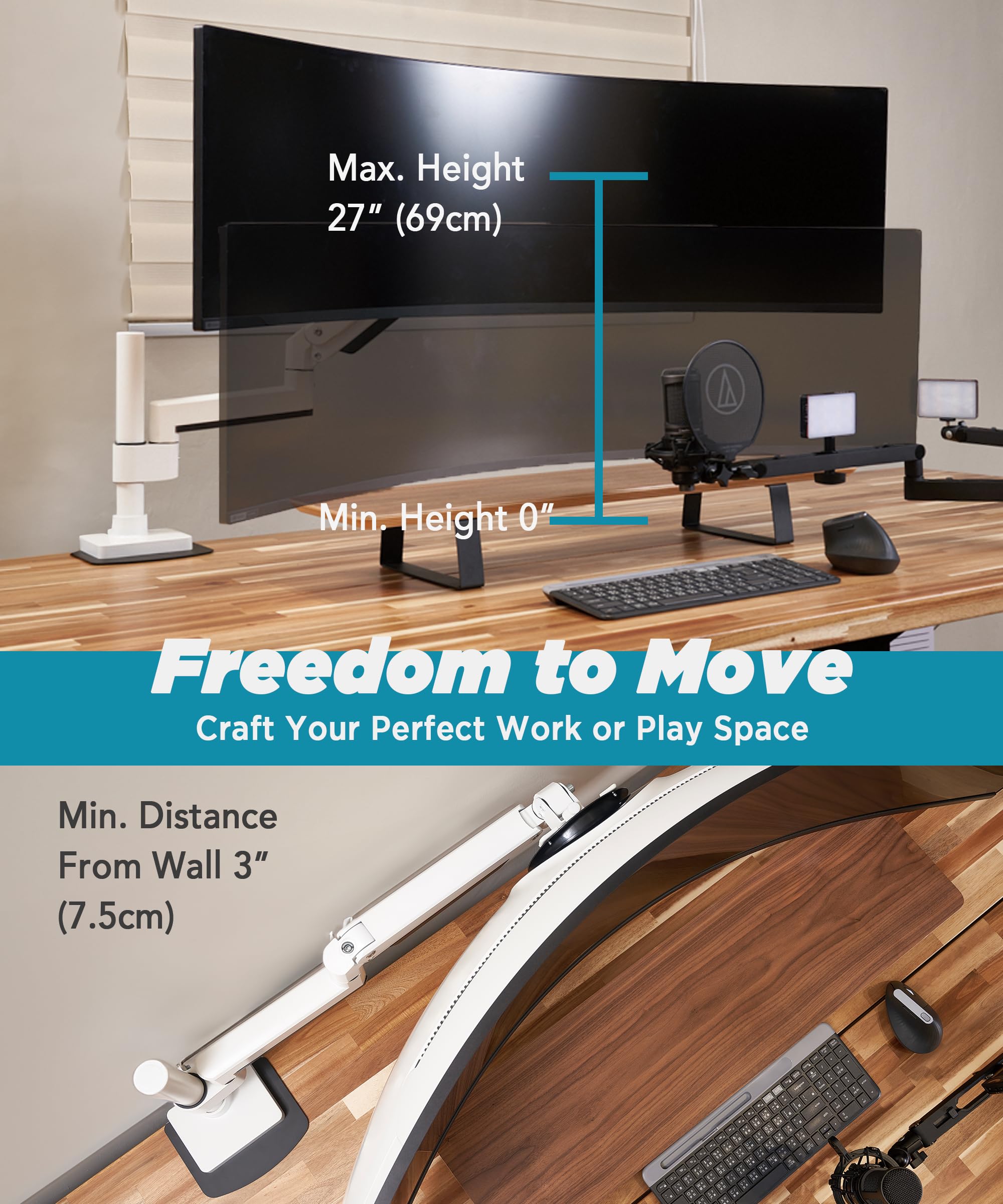 ULTRARM Braccio Heavy Duty per Monitor 57” – Regolabile in Altezza con Molla Pneumatica, Supporto da Scrivania VESA 75x75/100x100, Fino a 20 kg, Bianco, MA20PW-S