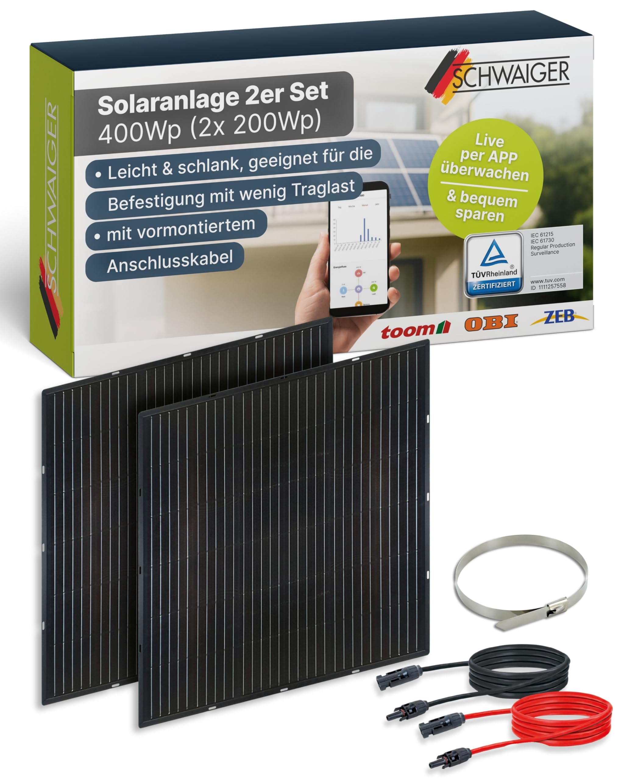 Schwaiger Balkonkraftwerk Slim-Line 2er Set – 400 Wp Glas-Solarmodule