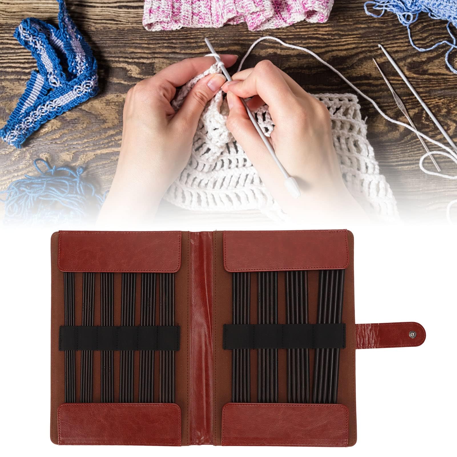 50 Stück Holz-Stricknadel-Set, doppelt spitze Stricknadeln aus fein poliertem Schwarzholz für Socken, Handschuhe und Pullover, inklusive Aufbewahrungstasche aus PU-Leder