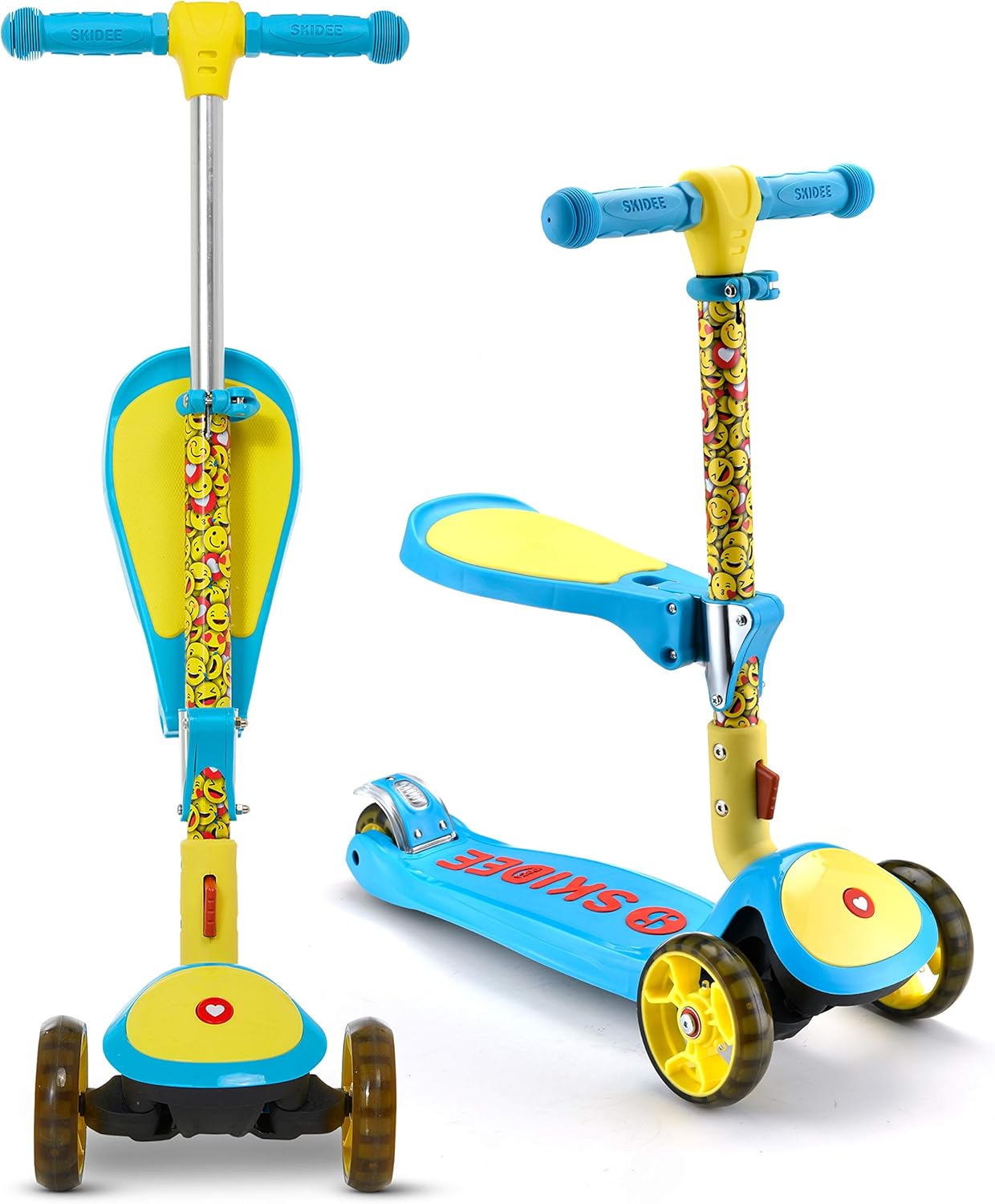 Kick Scooters for Kids Ages 3-5 (Suitable for 2-12 Year Old) Adjustable Height Foldable Scooter Removable Seat, 3 LED Light Wheels, Rear Brake, Wide Standing Board, Outdoor Activities for Boys/Girls