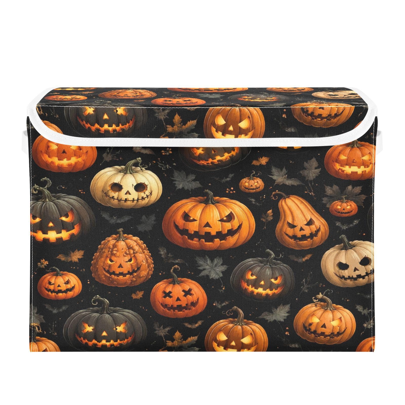 Ewusp Halloween Pumpkins Fabric Storage Bin with Lid, Decorative Foldable Storage Basket with Handles, Stackable Closet Shelf Organiser Box for Clothes, Books, Bedroom, Living Room