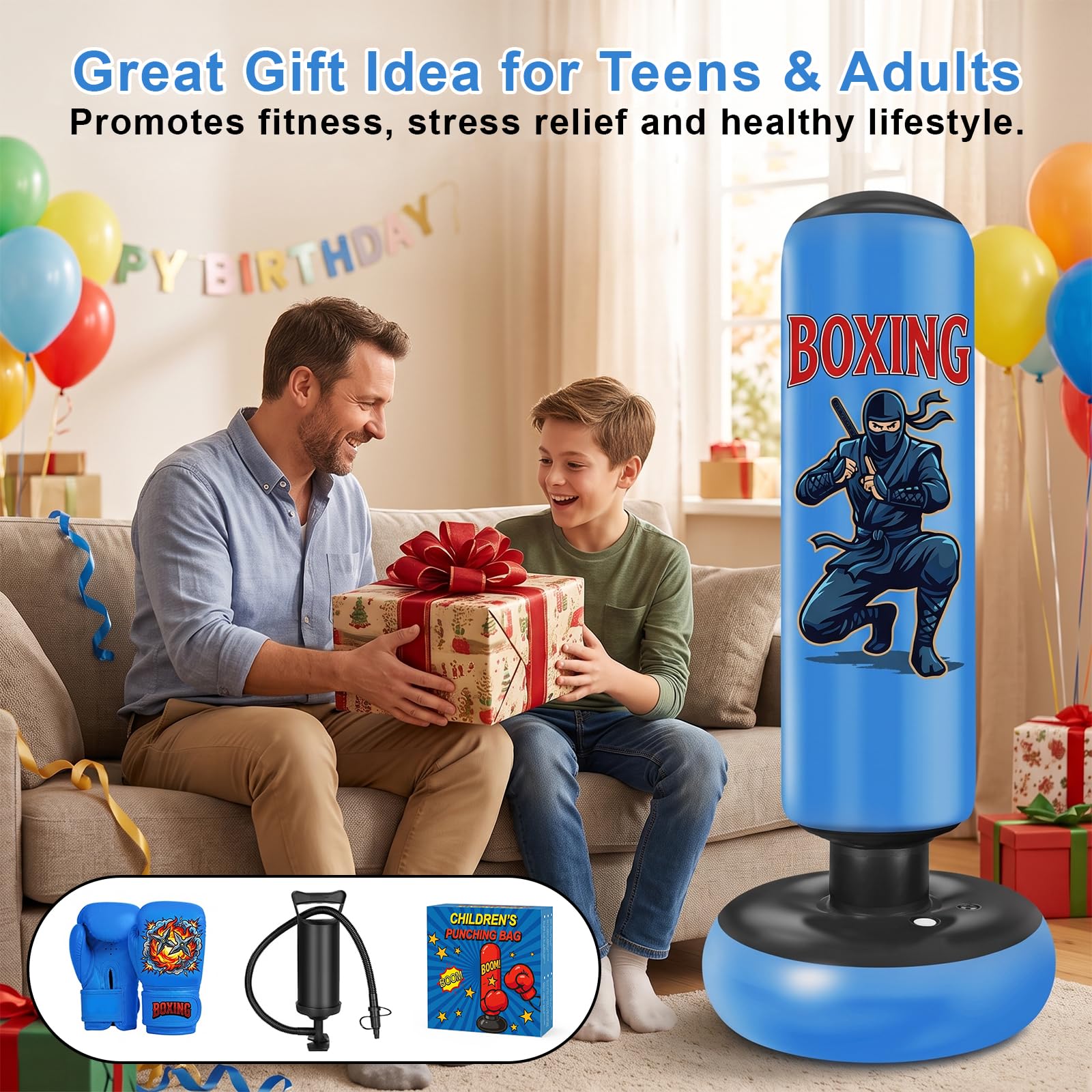 Ninonly Sacco da Boxe 165cm per Bambini Ragazzi con Guanti da Boxe e Pompa | Blu Sacco da Boxe da Terra per Karate MMA Kickboxing Taekwondo Muay Thai, PVC Resistente Punchball per Allenamento a Casa