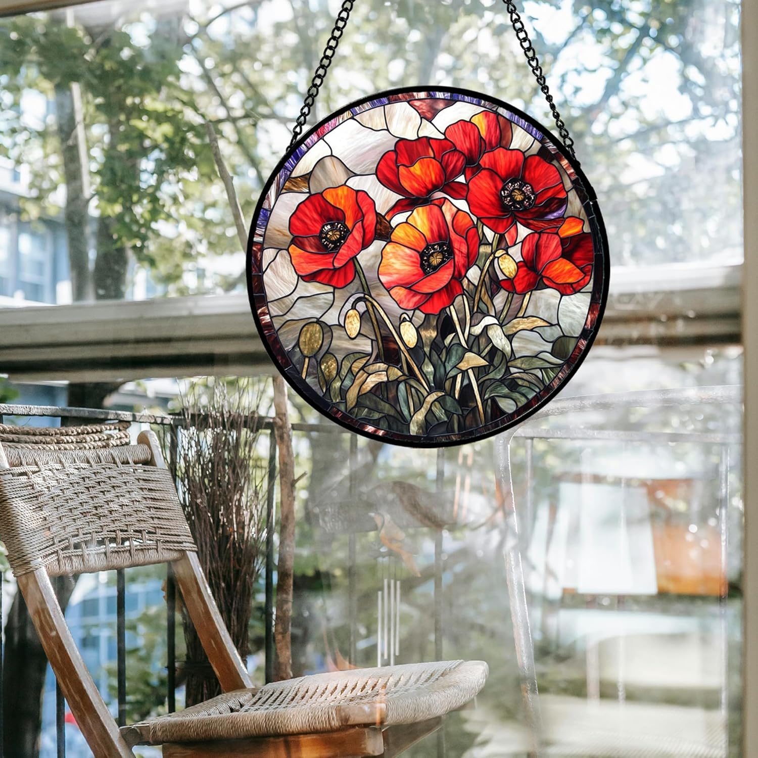 Stained Glass Window Hanging - Vintage Red Poppy Birth Flower Sun Catcher for Door Garden Home Decor Suncatcher Christmas Mother's Day Birthday Gifts for Women Mom Girl Nana Friend 11.8 in