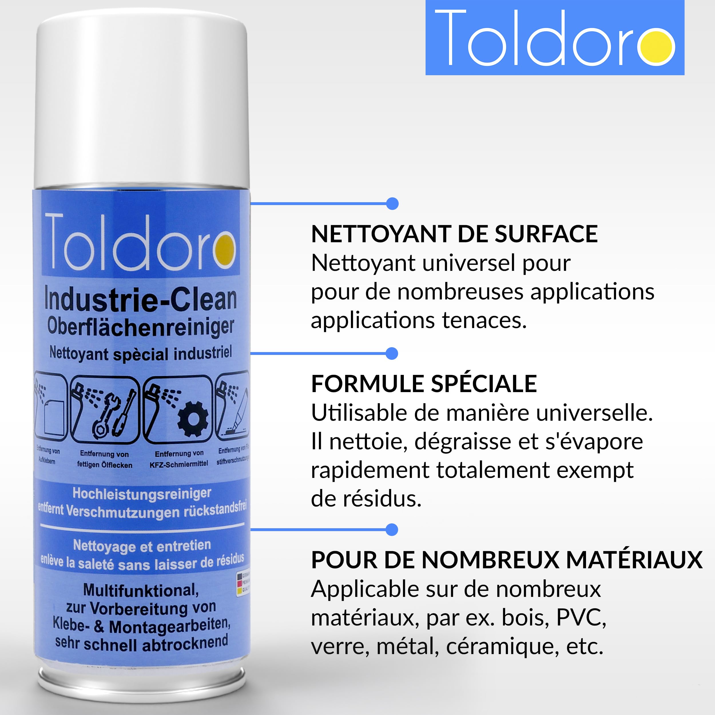 Toldoro Nettoyant industriel, dissolvant d'étiquettes, nettoyant pour machine, dissolvant de résidus de colle, dissolvant d'étiquettes, spray dégraissant (12 x 400 ml)