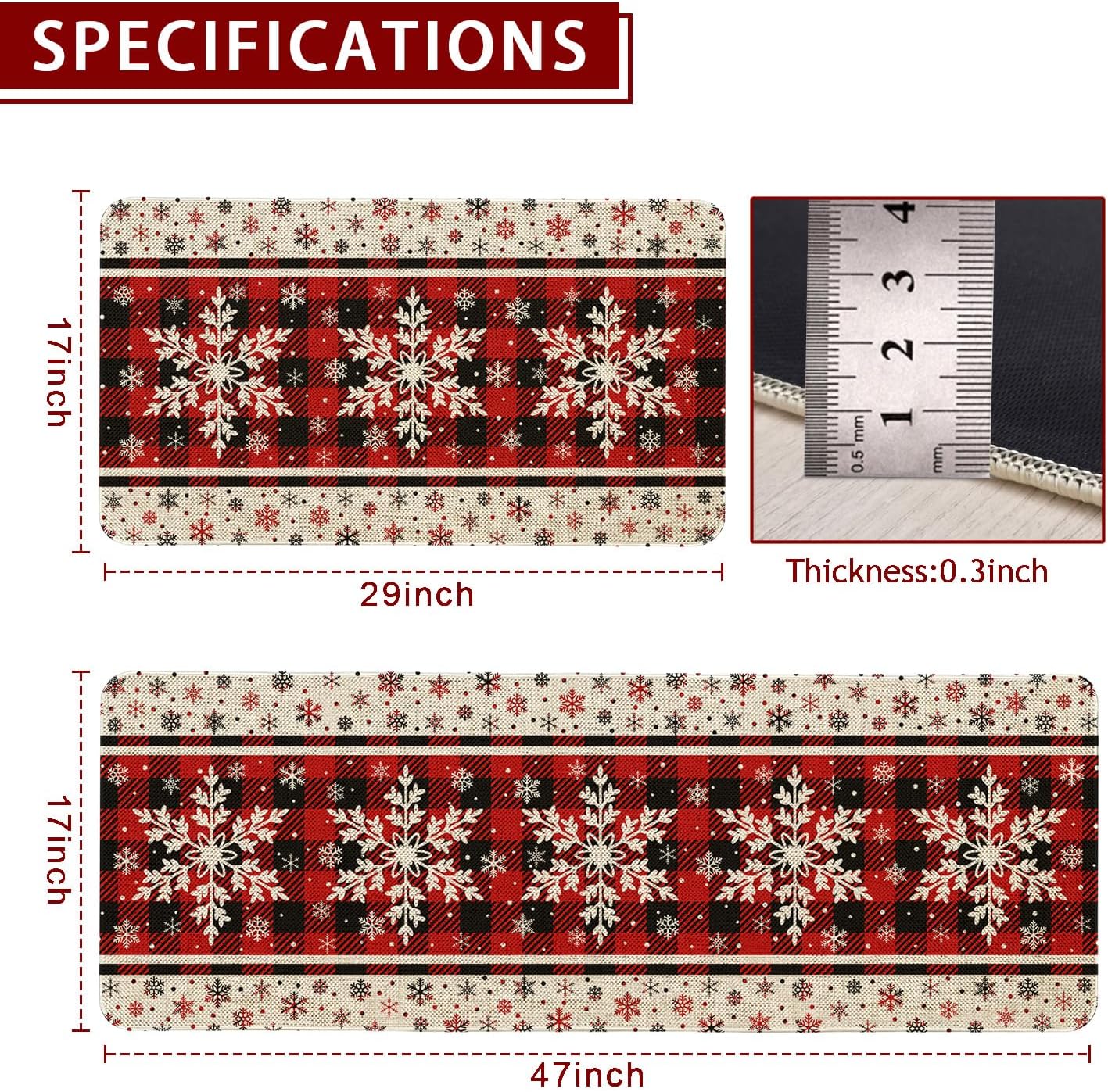 Merry Christmas Kitchen Mats Set of 2 Non Slip Christmas Snowflake Kitchen Rugs Winter Xmas Holiday Home Decor Low-Profile Washable Floor Mat 17x47 Inch and 17x29 Inch