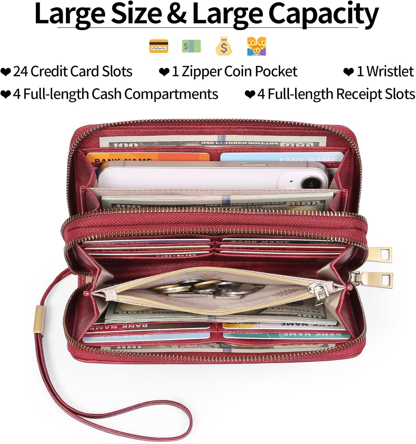 GAEKEAO Wallet for Women Clutch RFID Blocking Wristlet Leather Purse Large Capacity Credit Card Holder with Grip Hand Strap - Image 3