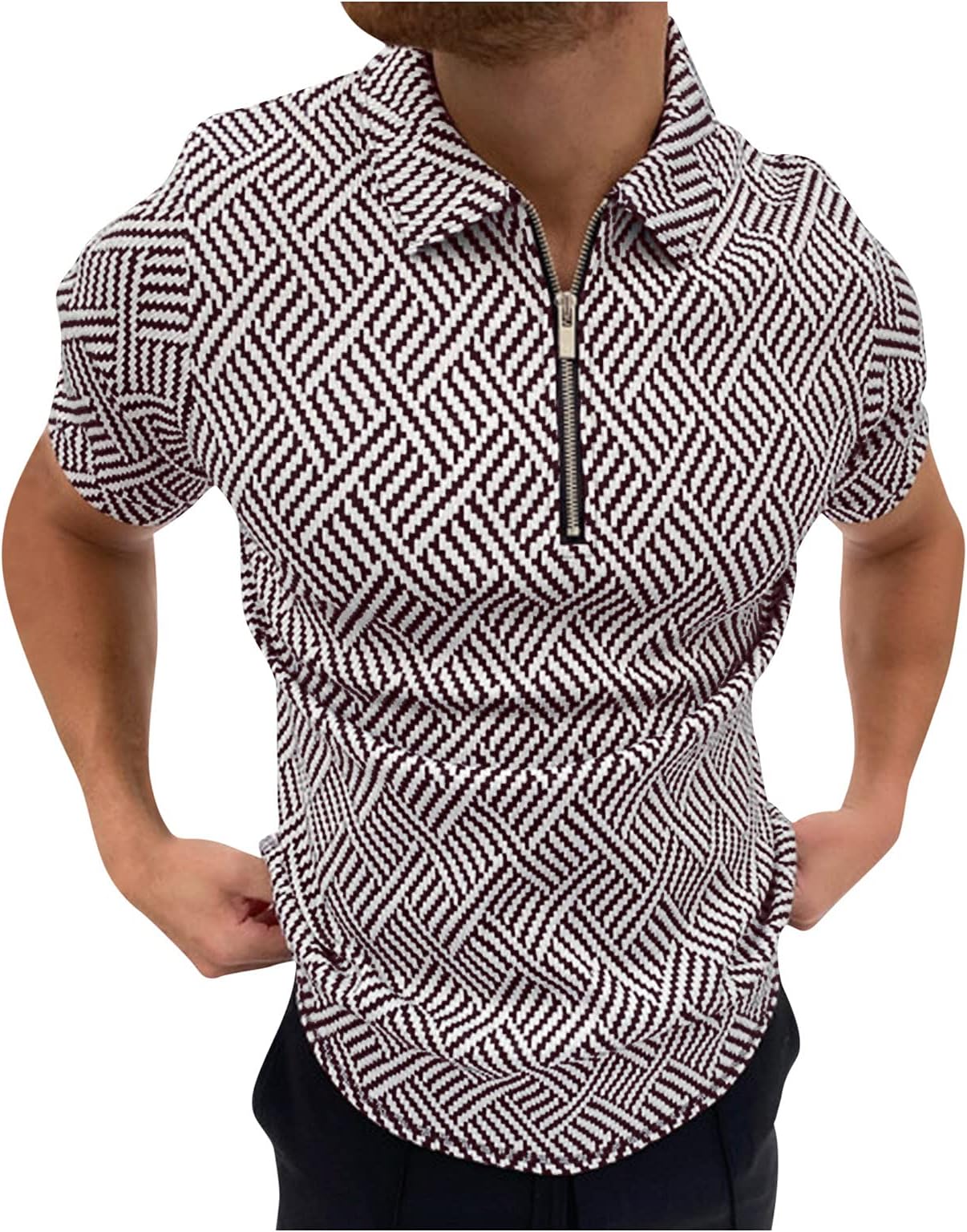 WOCACHI Zipper Polo Shirts for Mens, Fall Summer Striped Slim Fit Short Sleeve Henley T Shirt Business Casual Tops