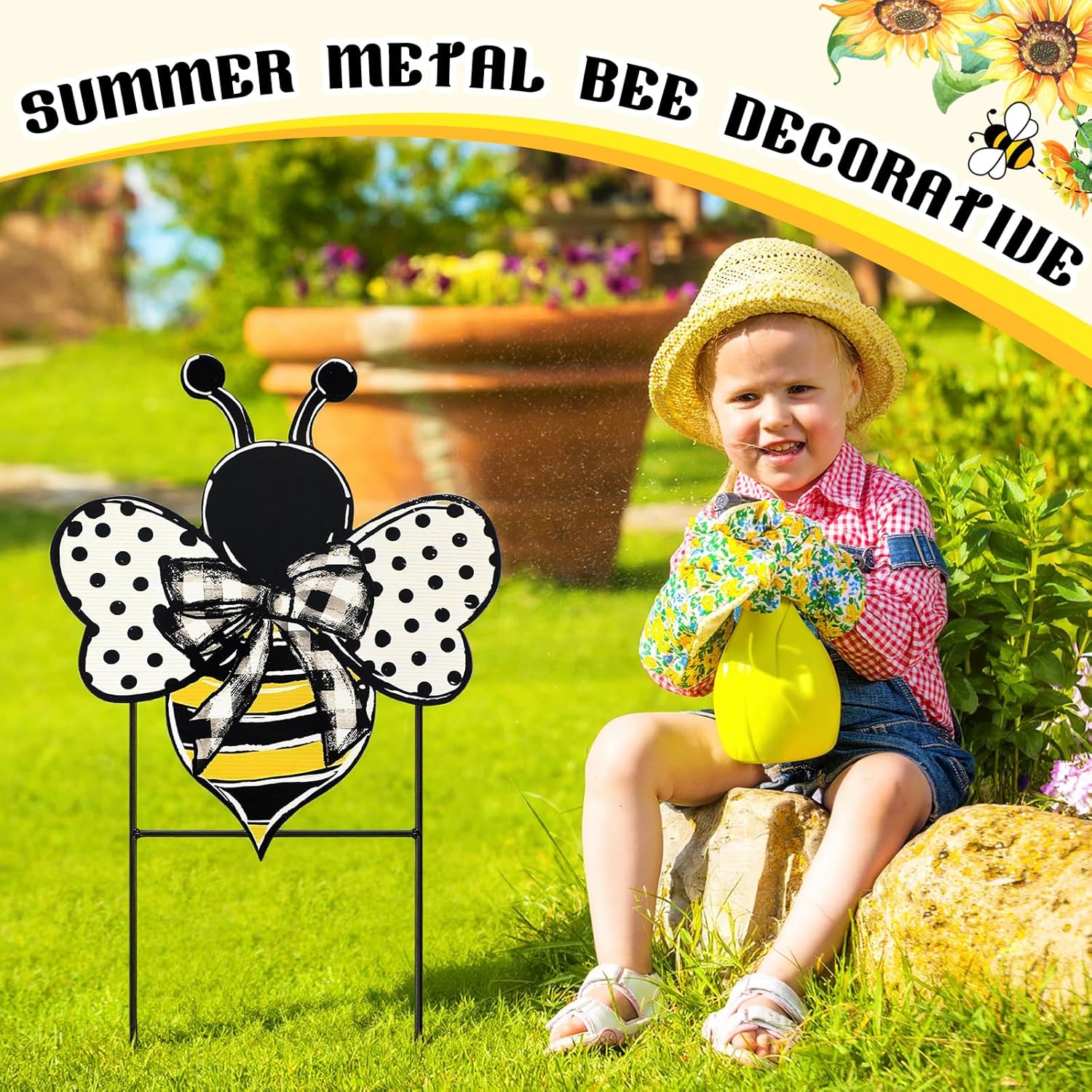 Weysat Summer Yard Sign Polka Dot Bee Metal Decoration Outdoor 13.7 Inch Summer Decoration for Home Outdoor Honey Bee Welcome Porch Decor with Stakes Waterproof for Garden Patio Lawn Party Walkway