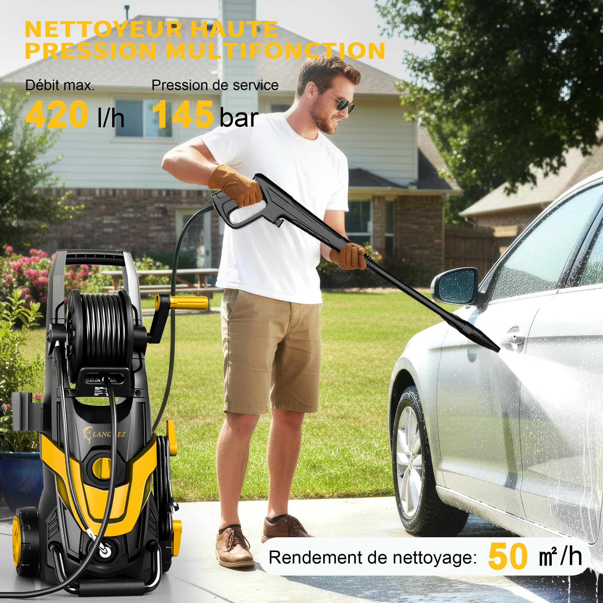 2026 New Nettoyeur Haute Pression Max.145 Bars, Débit 420 l/h, 7-in-1 Buses, Rendement Jusqu’à 50 m²/h, Canon à Mousse 500ml, Brosse pour terrasse, pour Voiture, terrasse, Jaune