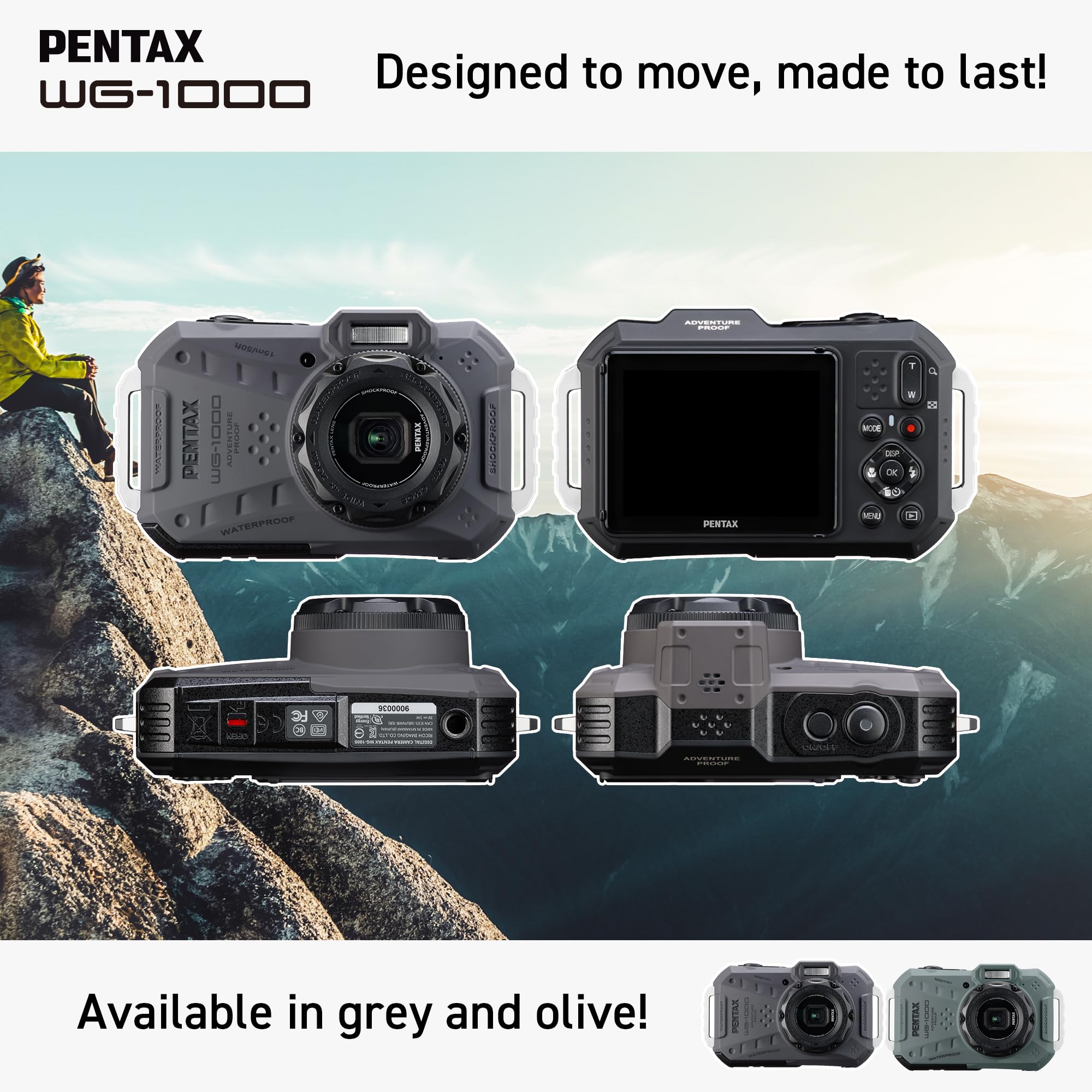 Appareil Photo numérique Compact étanche PENTAX WG-1000 (Gris), conçu pour la Photographie décontractée en extérieur et sous-Marine, étanche jusqu'à Une Profondeur de 15 mètres, jusqu'à Une Heure