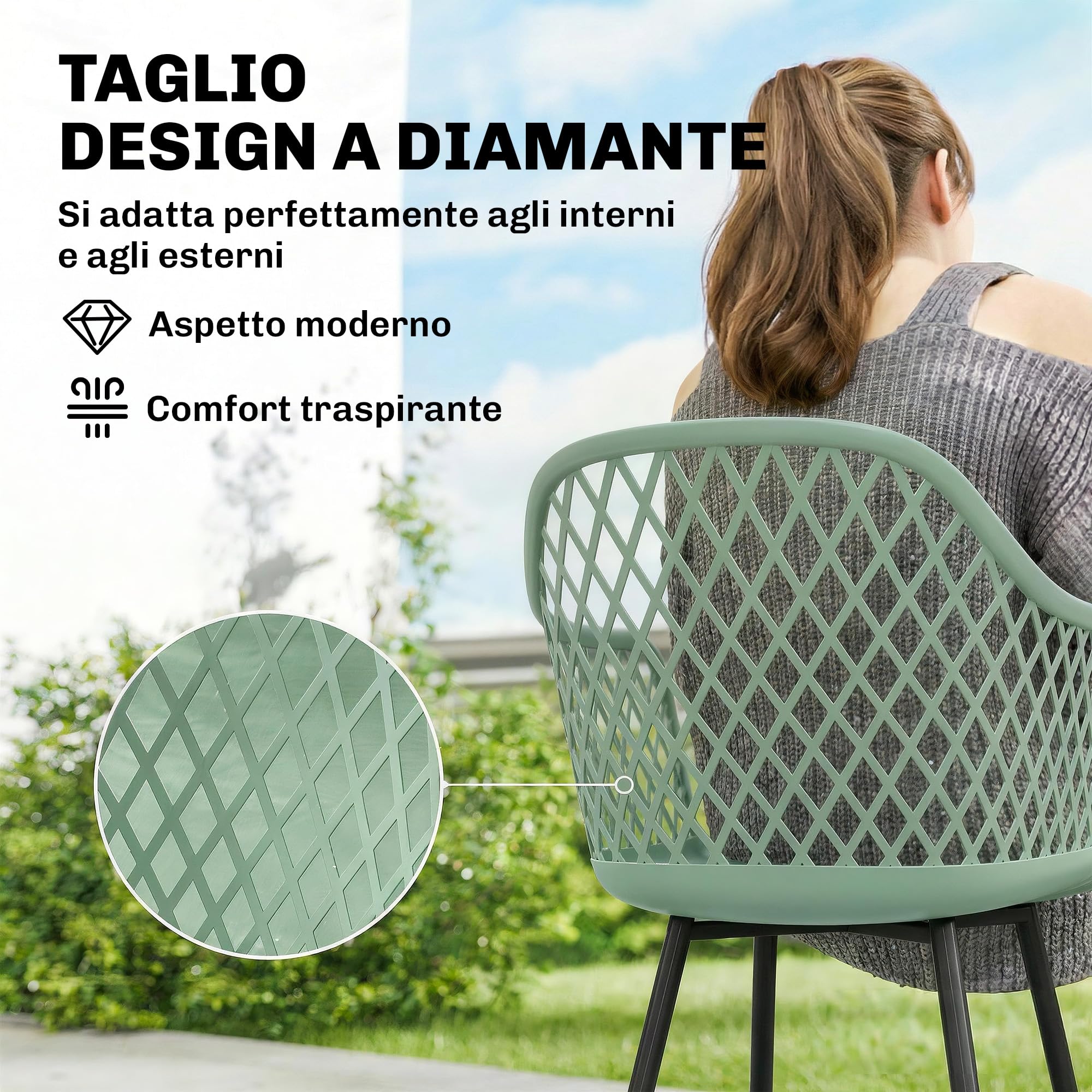 Outsunny Set 4 Sedie da Giardino Anti UV con Braccioli 56x51x84 cm Verde | Polipropilene, Sedie per Pranzo da Esterno, Schienale Diamantato, Gambe in Metallo, per Patio Balcone Terrazza Esterno