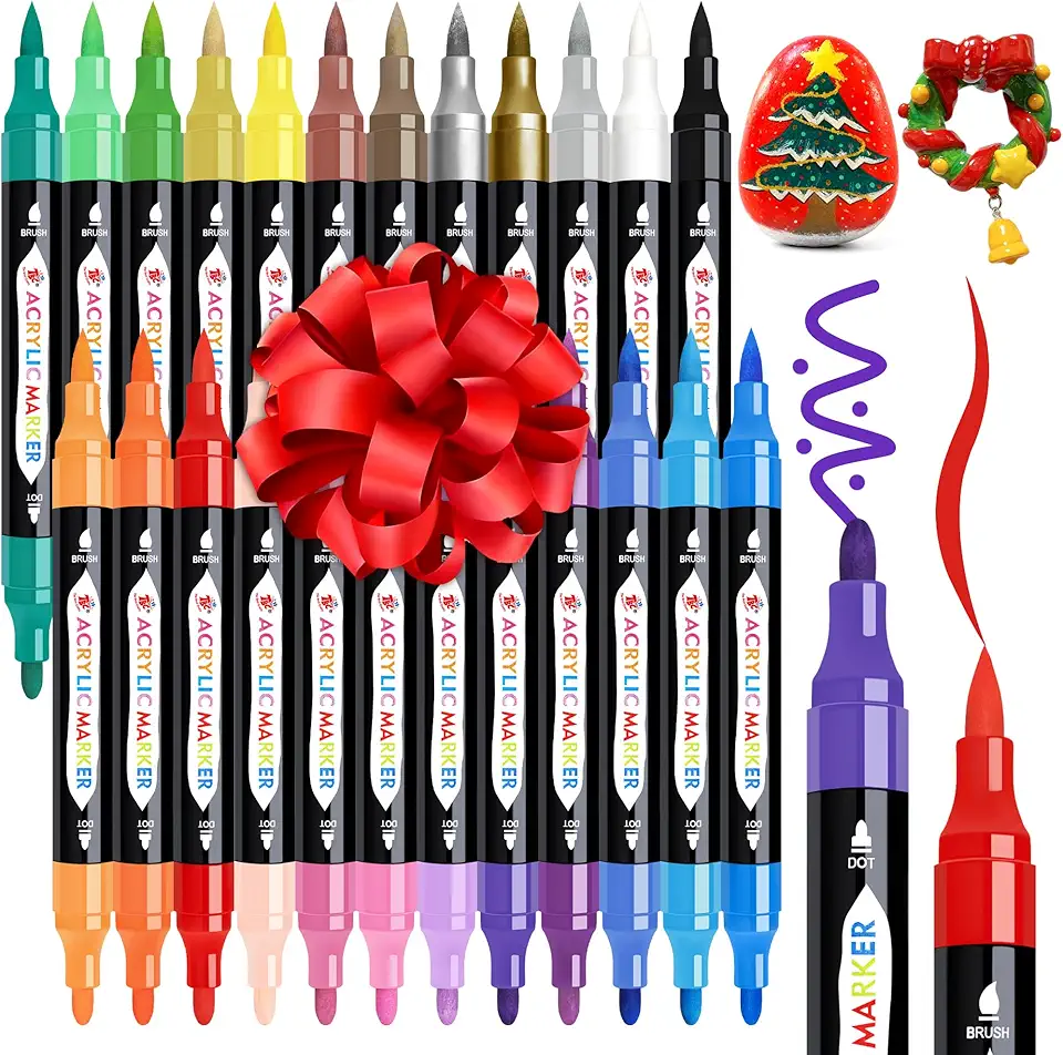 TBC The Best Crafts 24 Colors Dual Tip Acrylic Paint Markers,Waterproof, Non-Toxic, odorless, Suitable for Paper, Pottery, Stones, Backpacks, Glass, Christmas Gifts