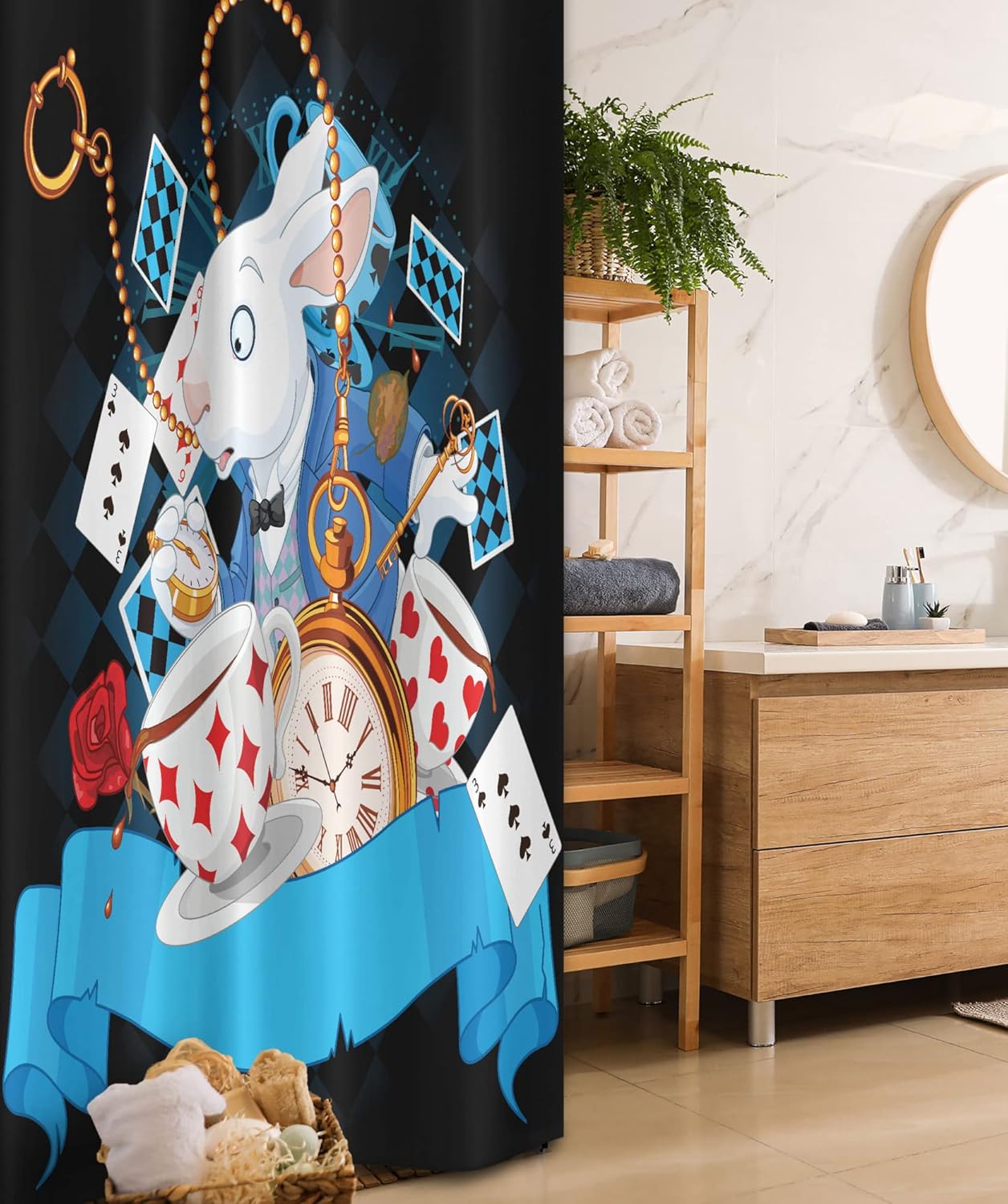 Ambesonne Alice in Wonderland Stall Shower Curtain, Rabbit Motion Cups Hearts and Flower Character Alice Cartoon Style, Fabric Bathroom Decor Set with Hooks, 36" W x 72" L, Dark Blue Charcoal Grey