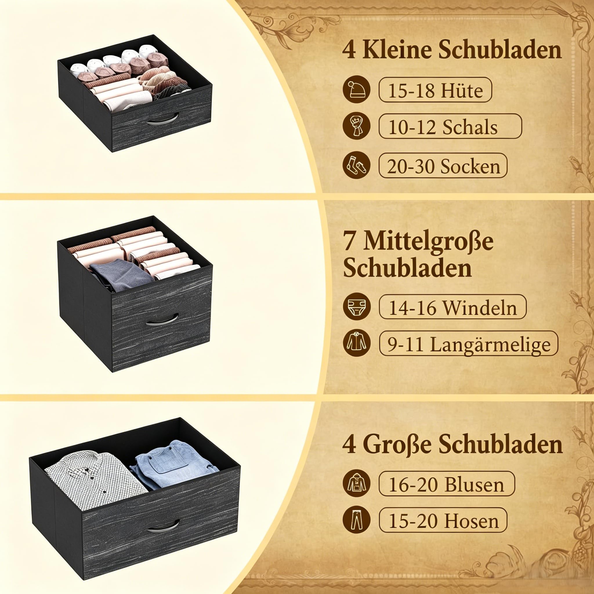 Garvee 15 Schubladen Kommode, Großer Stoffschrank mit Metallrahmen & Holzplatte, Schubladenschrank Organizer für Schlafzimmer, Wohnzimmer, Kinderzimmer & Flur, 100 x 30 x 123 cm, Deco Grau