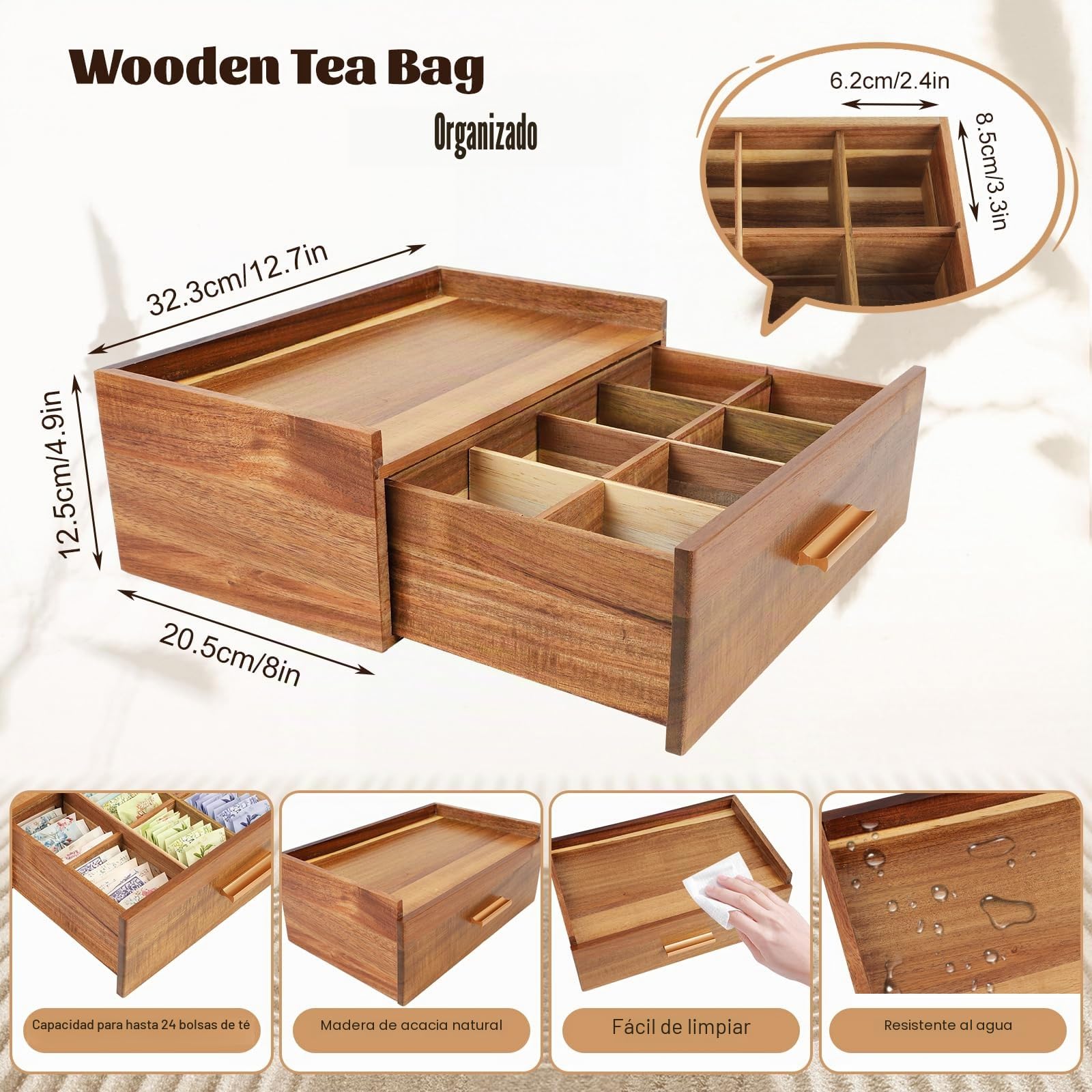 Organizador de Bolsitas de Té, Envases para Bolsitas de Té, Porta Bolsitas de Té y Tisanas, Cajón Porta Bolsitas de Té, Caja de Bolsitas de Té y Tisanas, 32.3*20.5*12.5CM con 8 Compartimentos para