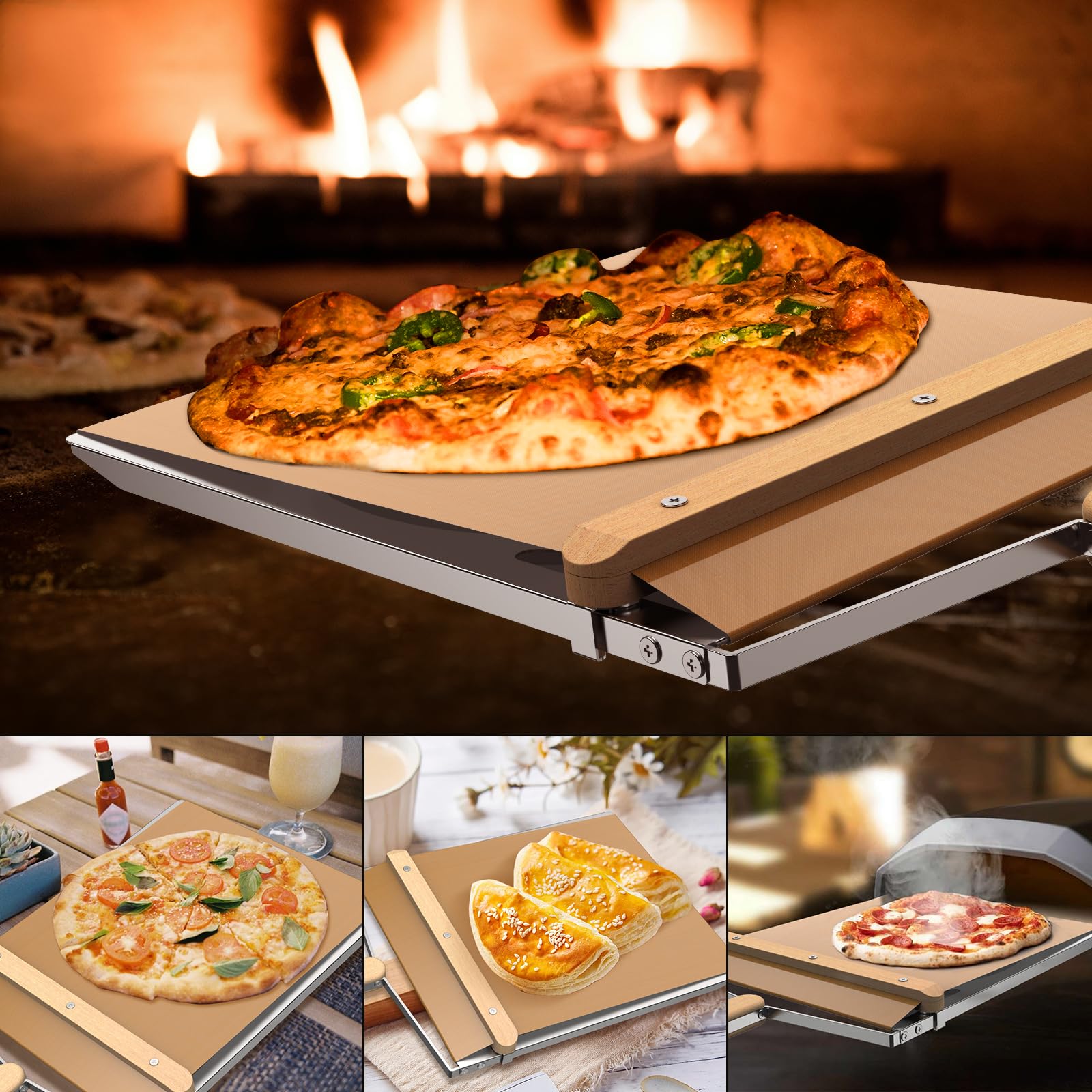 Rutschender Pizzaschieber aus Edelstahl und Holz, Antihaftbeschichteter Pizza Slider mit Massivholzgriff, 14,37" x 11,22" Pizzaschaufel, Pizzaschieber Set mit Zusätzlichen Schrauben und Ersatz-Teflon-
