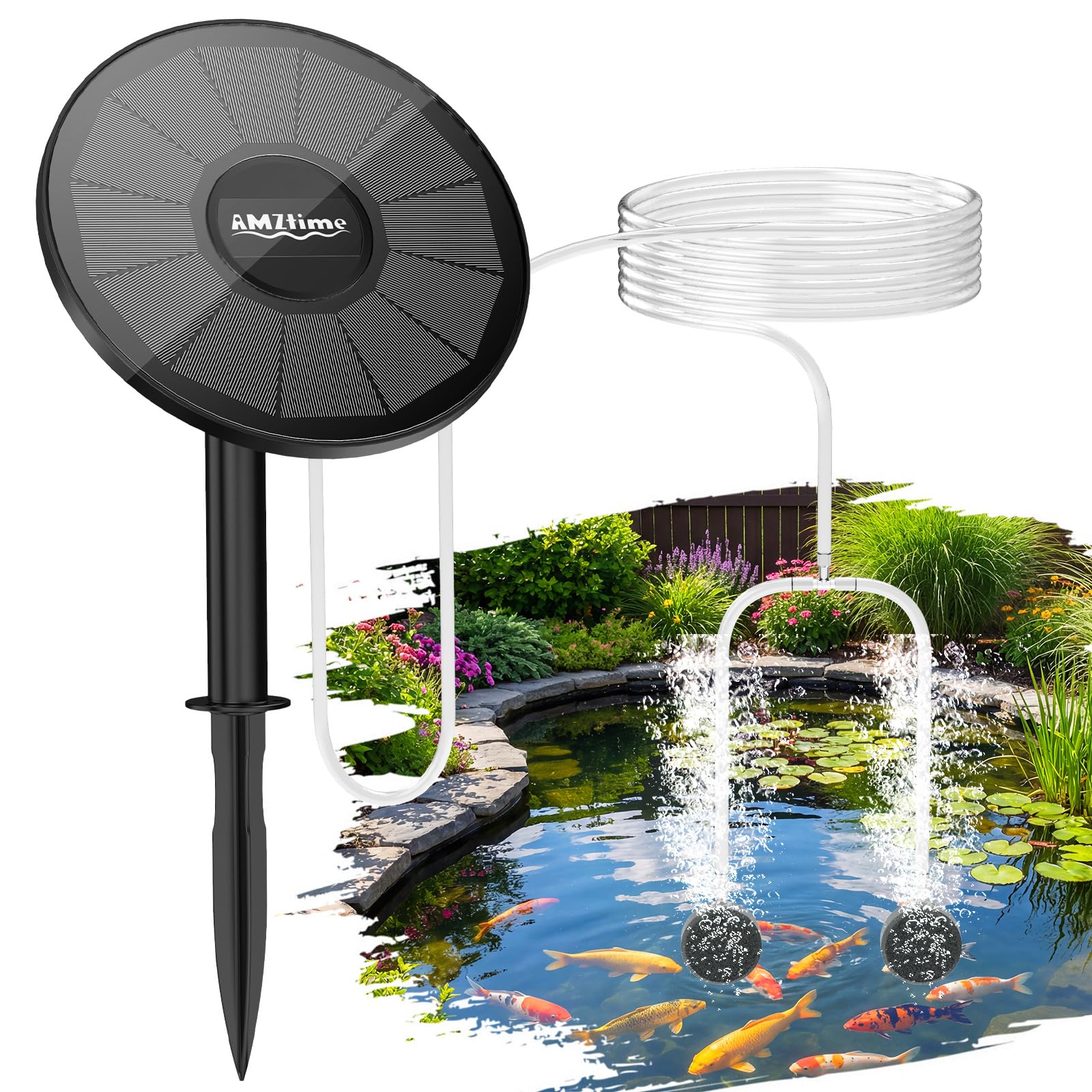 AMZtime Aireador solar de oxígeno, bomba de aire solar de estanque de 3 W con 2 modos de burbuja para acuario, pecera, estanque pequeño al aire libre, hidroponía