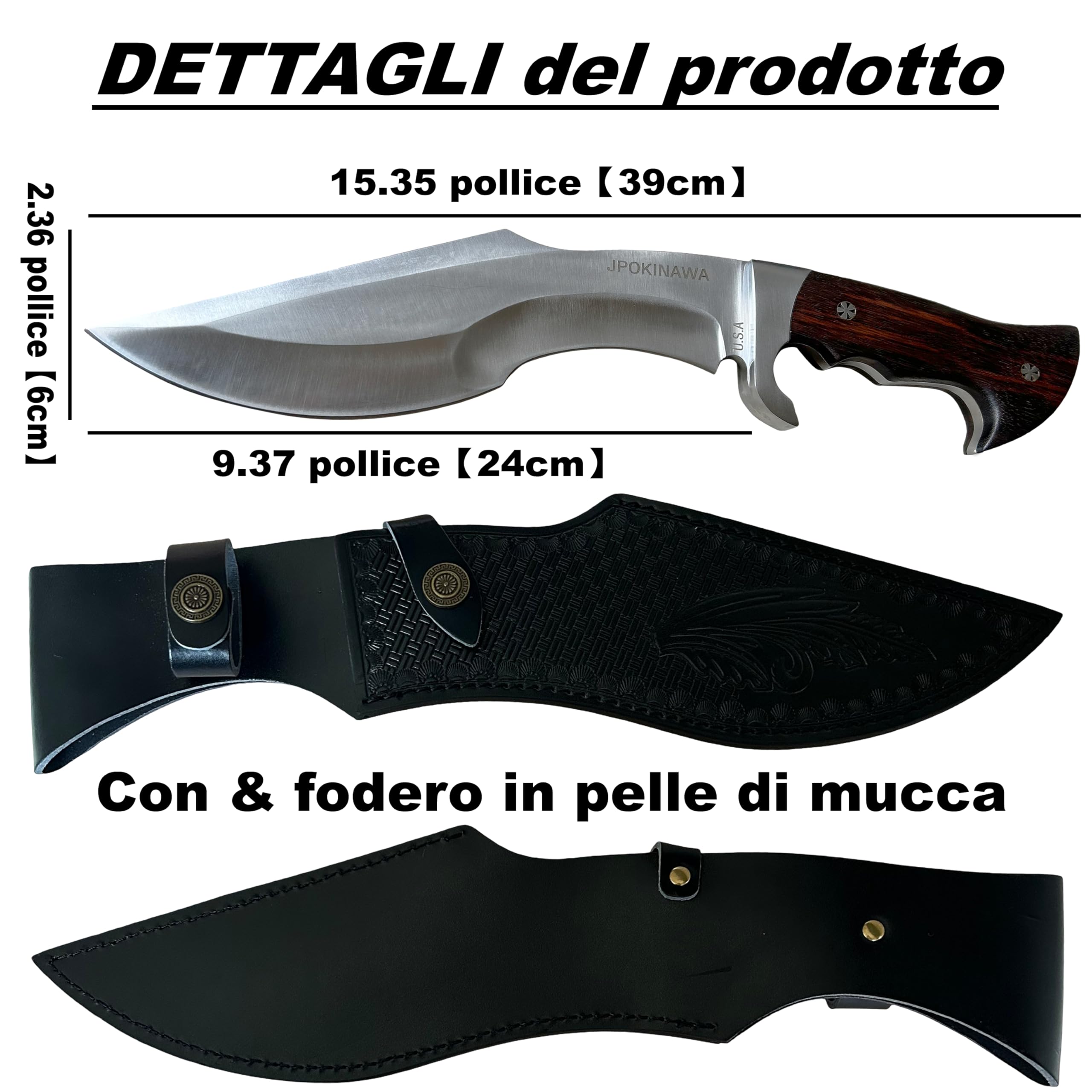 39cm【peso coltello 0.77kg】 machete pesante - Tang completo 60HRC Lama in acciaio ad alto tenore di carbonio Manico in legno di ebano Con fodero in pelle di mucca