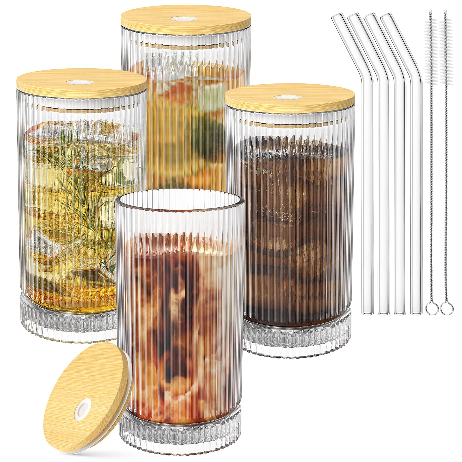 15 Oz Glass Cups with Lid and Straw, Iced Coffee Cups with Lid, Vintage Glassware for Whiskey Cocktail Beer (4 PACK)