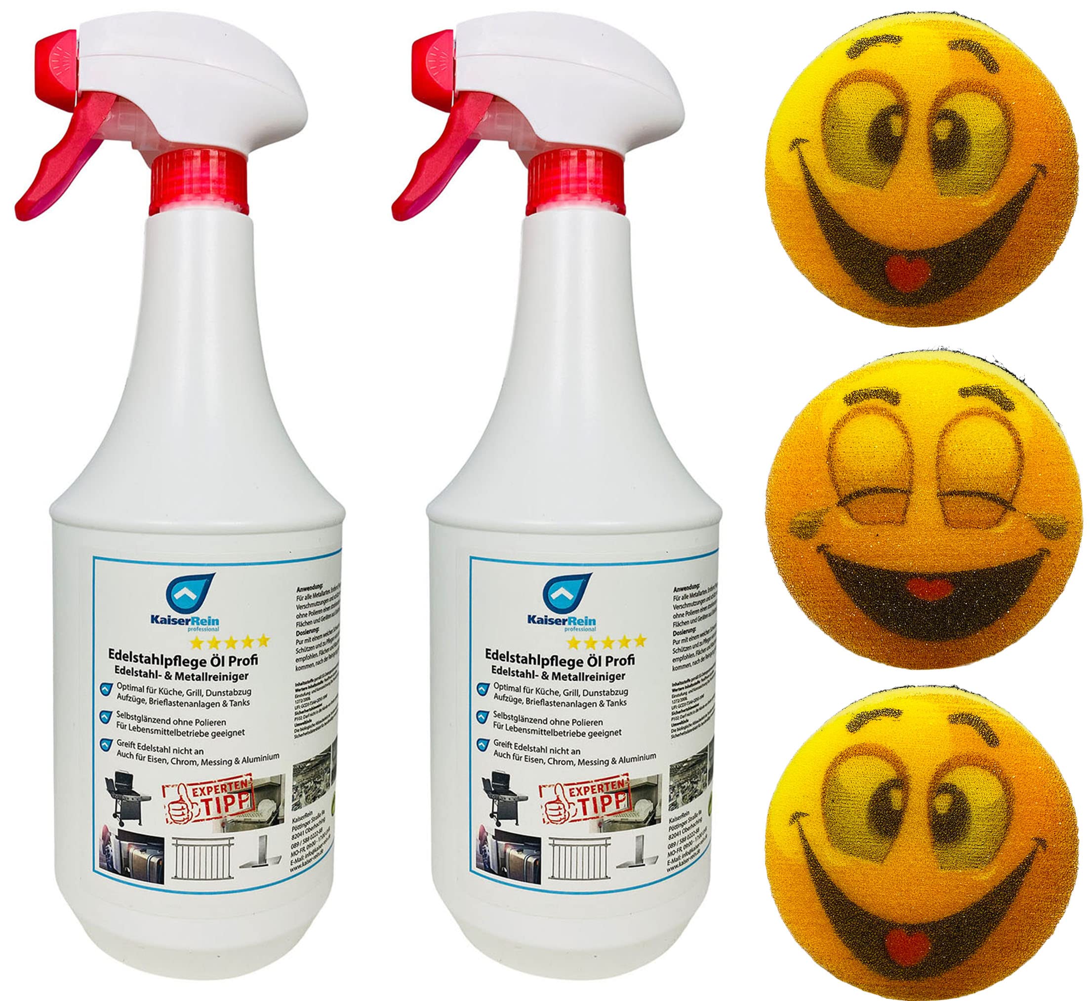 KaiserRein Edelstahlpflege Öl Profi Edelstahl- & Metallreiniger 2x1L mit 3x Schwamm Smiley Spray für die Pflege/Reinigung von Tanks, Flächen und Geräten aus Eisen, Chrom, Messing und Aluminium