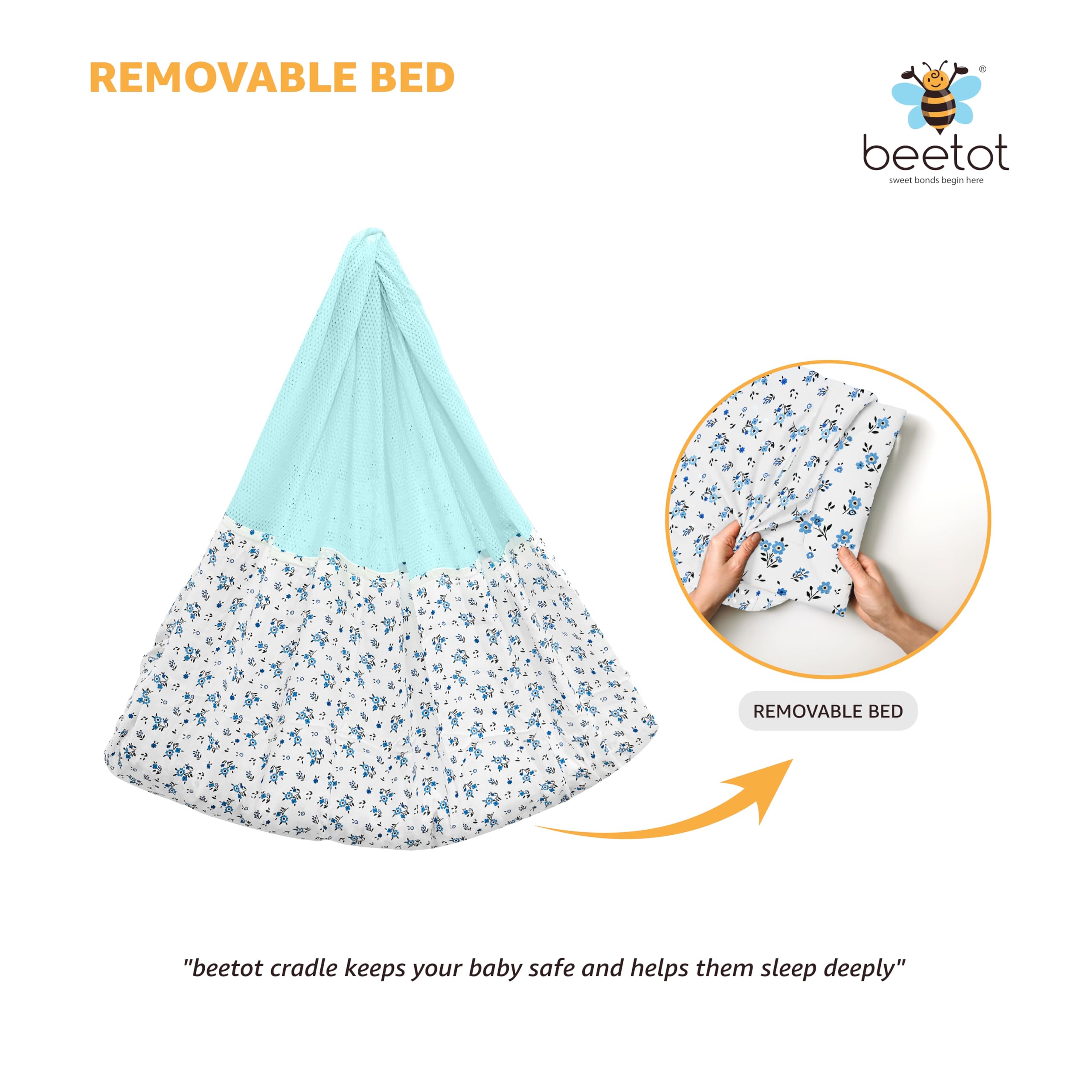 beetot Baby Cradle Swing/Jhula (Thottil Cloth, Palna, Dolna) Set | Hanging Cradle with Padded Bed, Mosquito Net, Spring, Triangle & Window Hanger | Up to 15 kg | 0-2 Years | FS-Emily Blue - Image 4 thumbnail