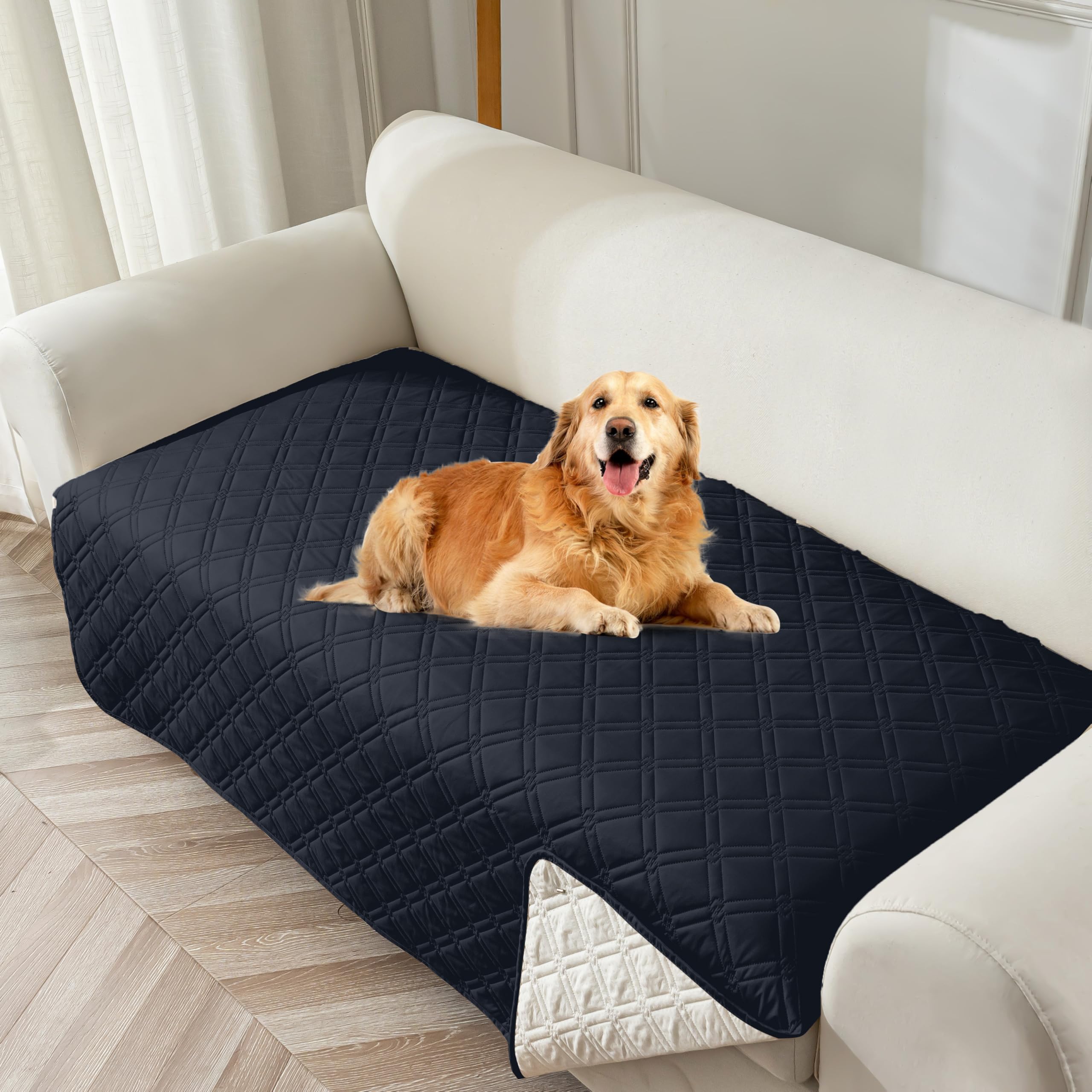 Genina Waterproof Couch Cover,Washable Anti-Slip 78inch Sofa Covers with 3 Cushions,Sectional Couch Covers for Pets Friendly, Sofa Slipcovers for Dogs Cats(78inch/Navy Blue)