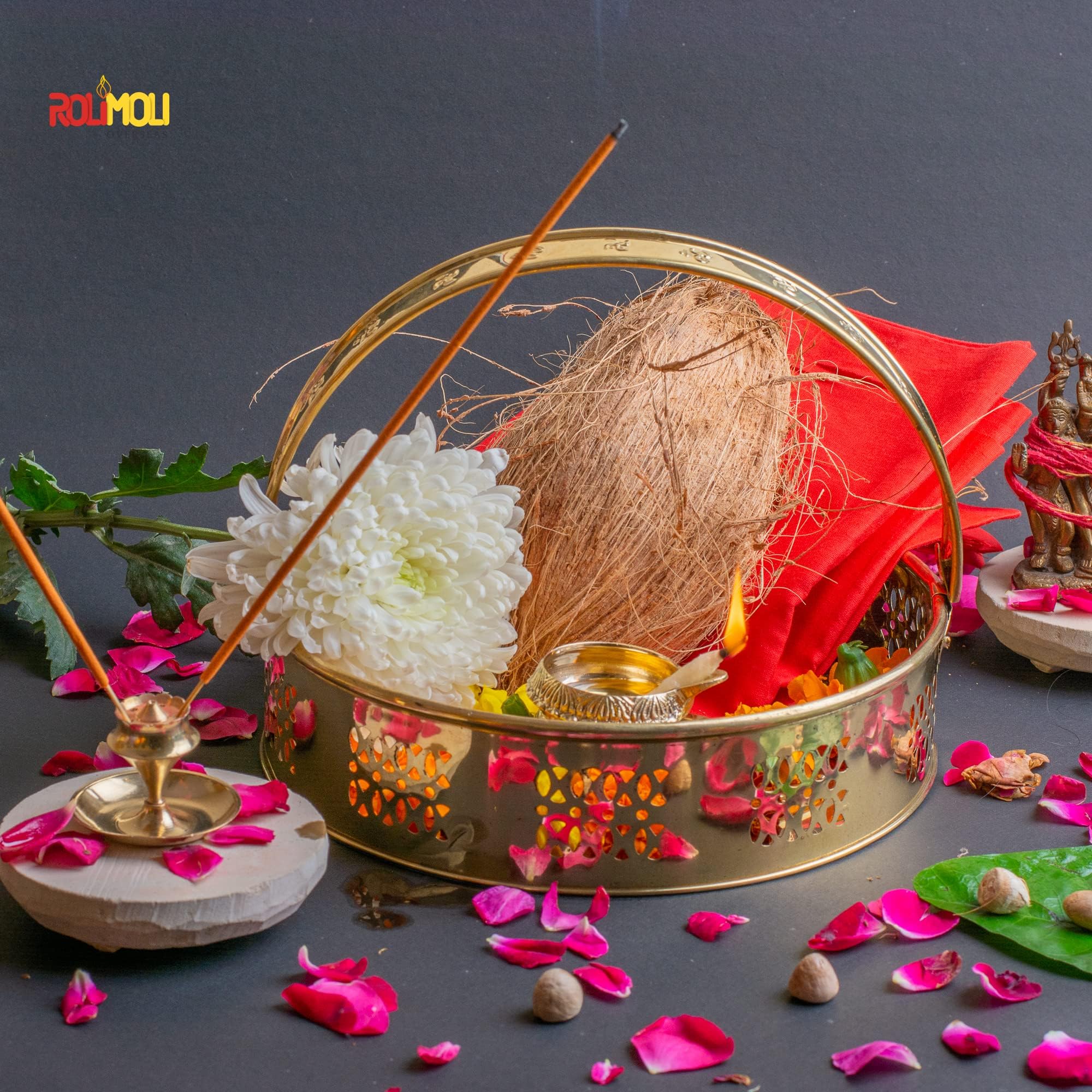 ROLIMOLI New Center Laxmi Design Brass Basket Circle Shaped for Pooja ghar 21 cm Diameter (Gold) 2